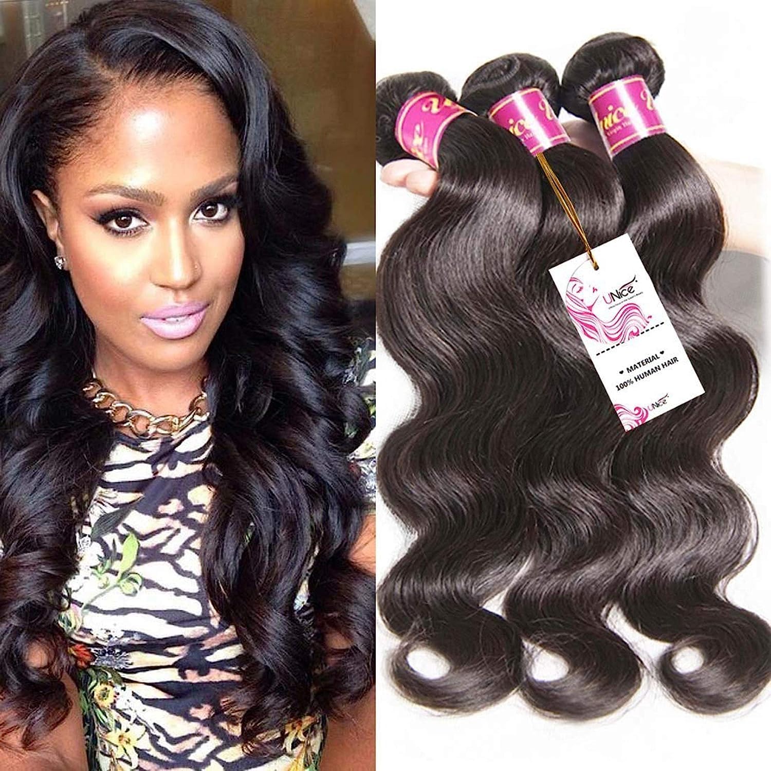 Unice Hair 22 20 18 Inches Brazilian Body Wave Virgin Hair 3 Bundles, 100% Unprocessed Brazilian Wavy Human Hair Weave Extension