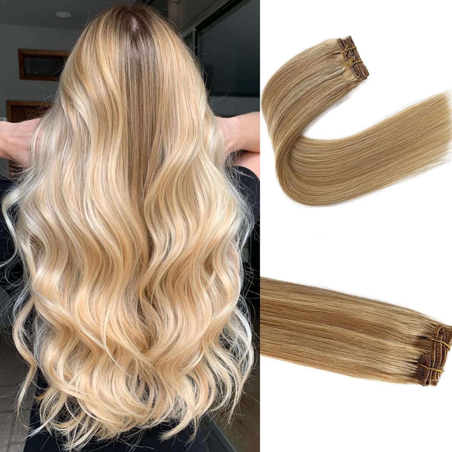 Clip In Hair Extensions Real Human Hair 27/613 Honey Blonde Highlighted Bleach Blonde, Clip In 100% Brazilian Remy Human Hair Ex