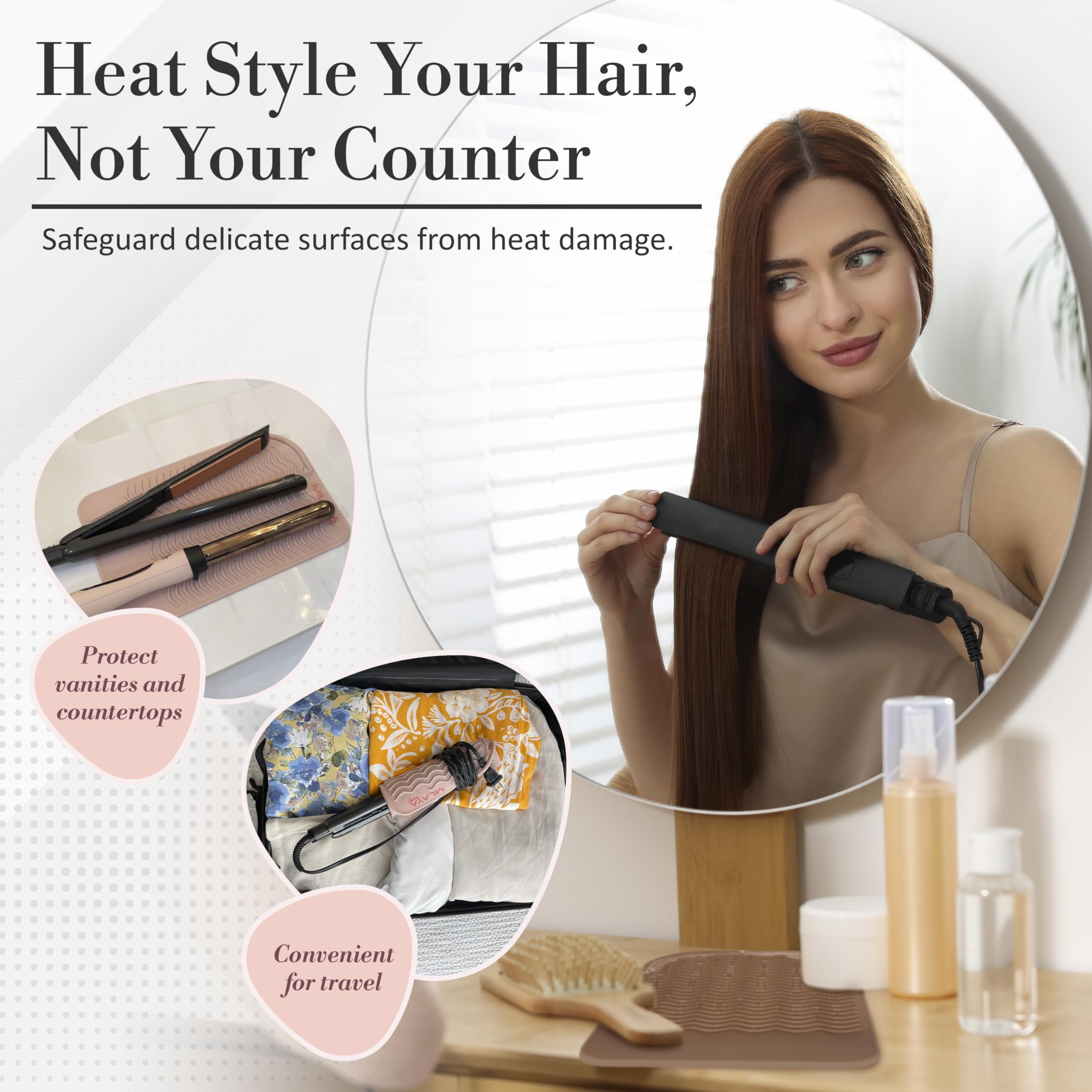 Milaya Beauty Heat Resistant Mat - Silicone Curling Iron Holder - 11"x7.5" - Rose Gold - Model 1002