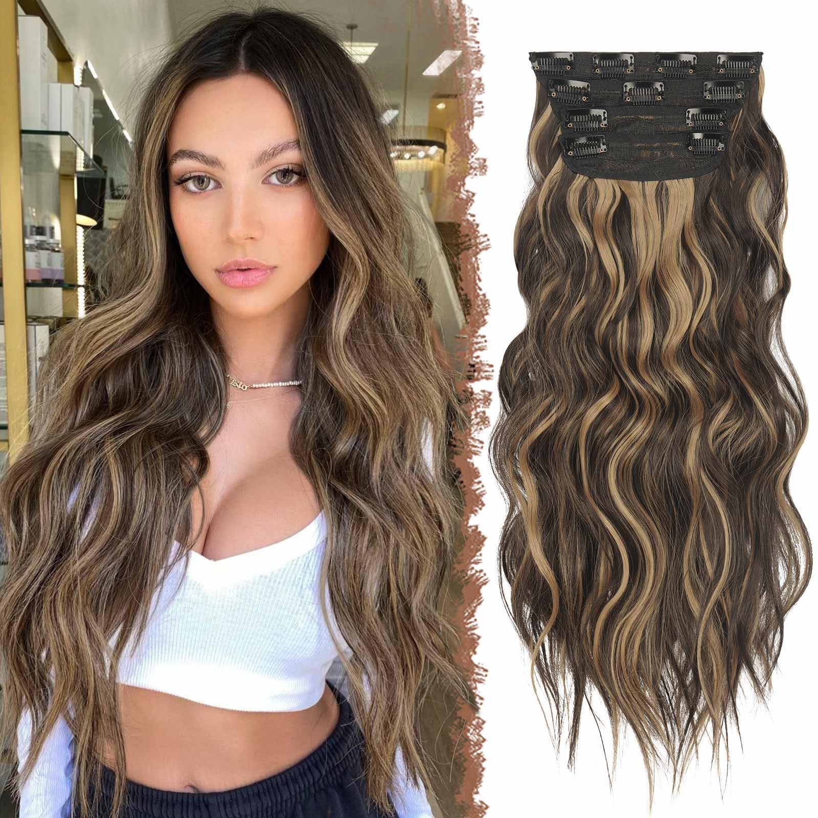 FESHFEN Clip in Hair Extensions - 4 PCS Long Wavy Clip in Hairpieces Full Head Synthetic Hair Extension for Women, 20 Inch Brown