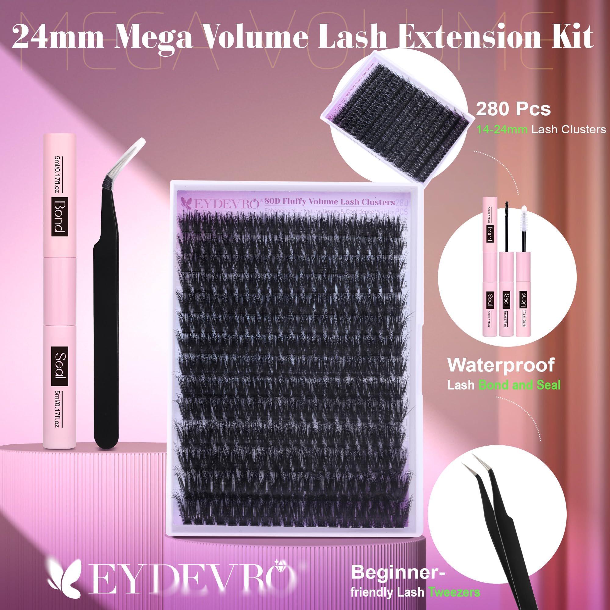 Eydevro Fluffy Lash Clusters Kit 14-24Mm Long Lash Extension Kit 280 Pcs Eyelash Extension Kit Individual Lashes Kit Mega Volume