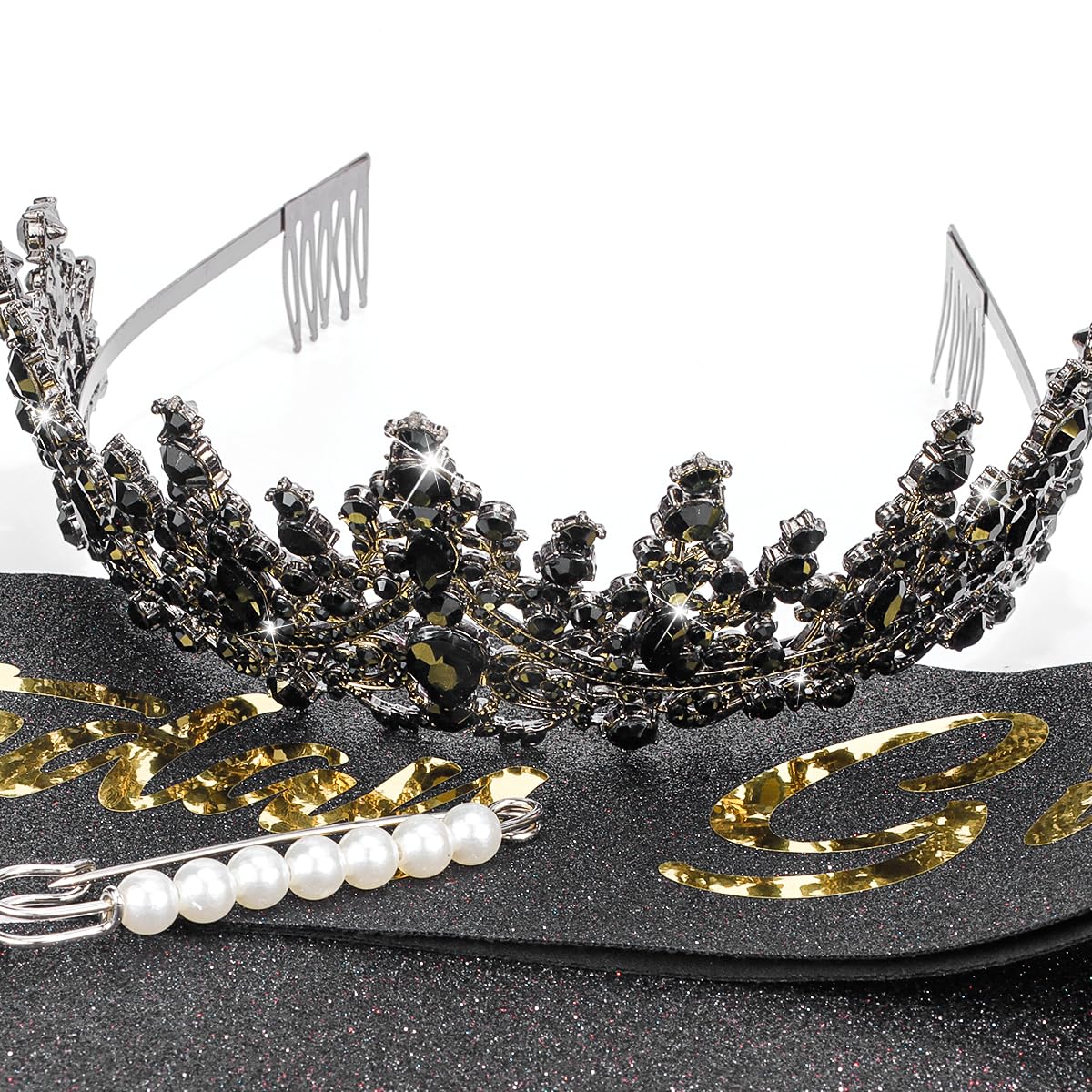Tobatoba Birthday Sash Birthday Crowns For Women Girls, Black Gold Birthday Girl Sash And Tiara Set, Birthday Crown And Sash For