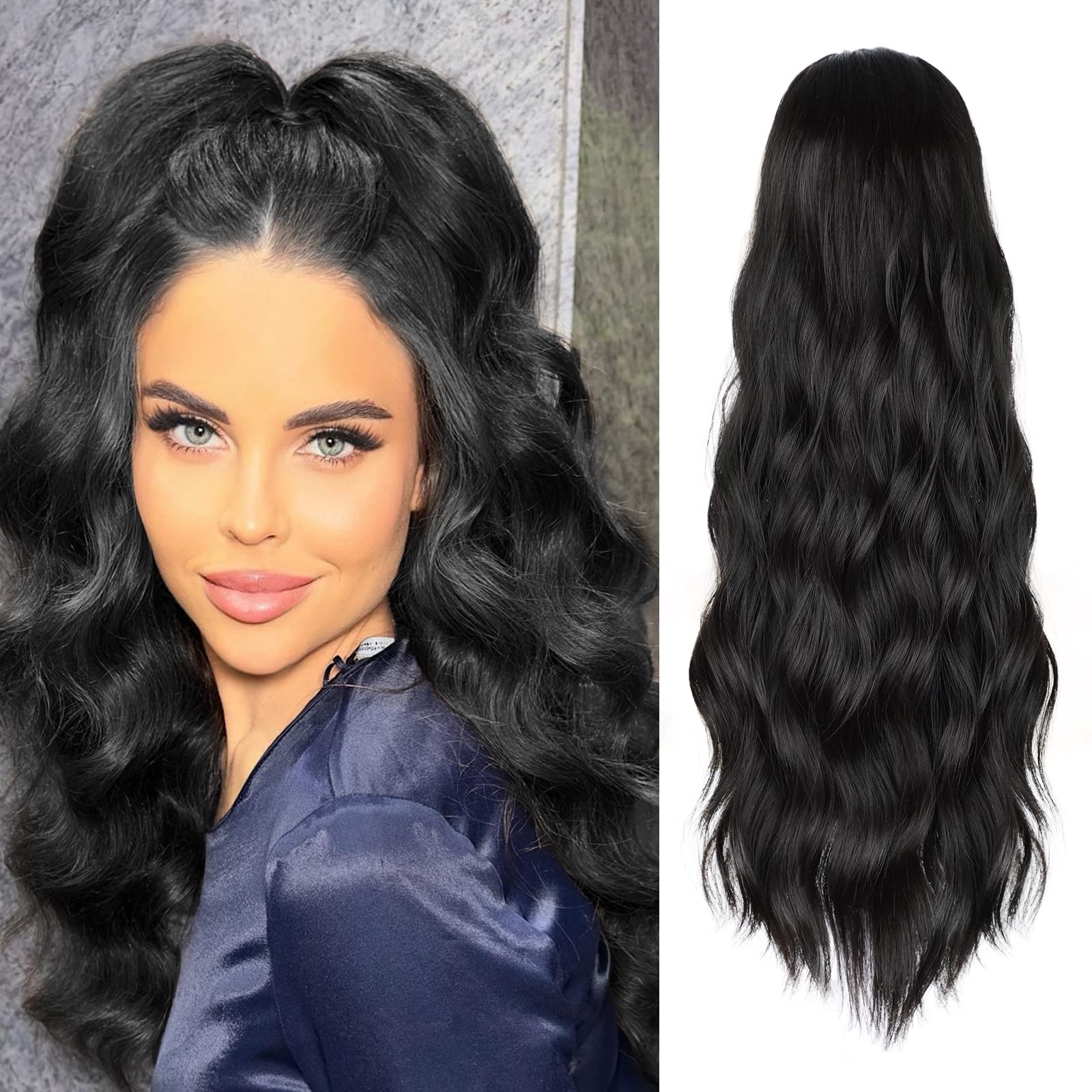 FREEMEIGE Black Drawstring Ponytail Extension Long Wavy Ponytail Extension for Women Pony tail Hair Extension Clip in Pony Tail 