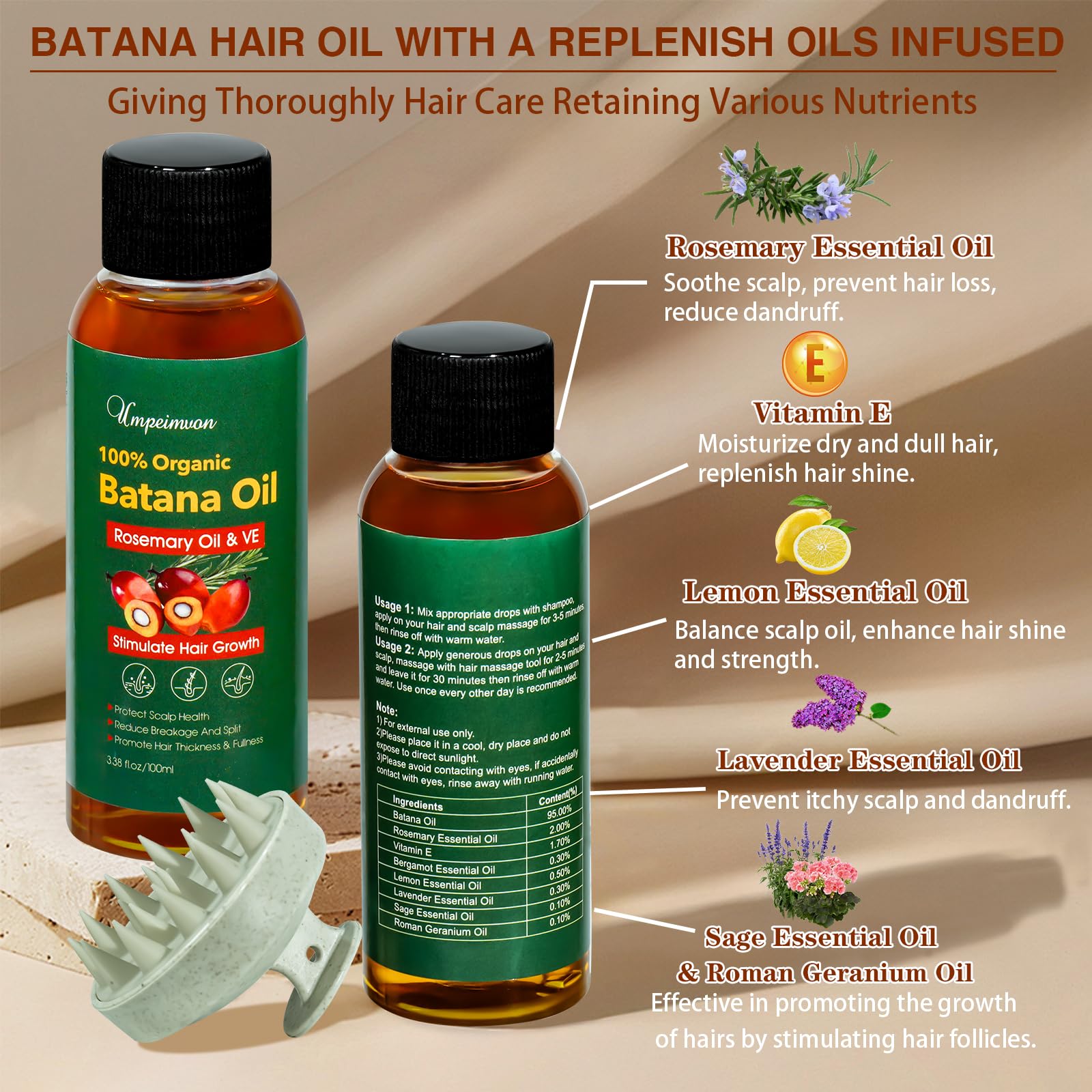 2 Pack Batana Oil Organic for Hair Growth, Botana Oil Hair Growth Rosemary Oil Vitamin E Blend Massager Boosting Hair Thickness,