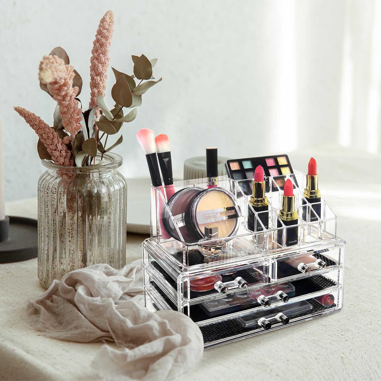 Ikee Design Acrylic Makeup Organizer With 4 Drawers And Removable Top Lipstick Holders, Ideal For Make-Up Or Accessories,Enhance
