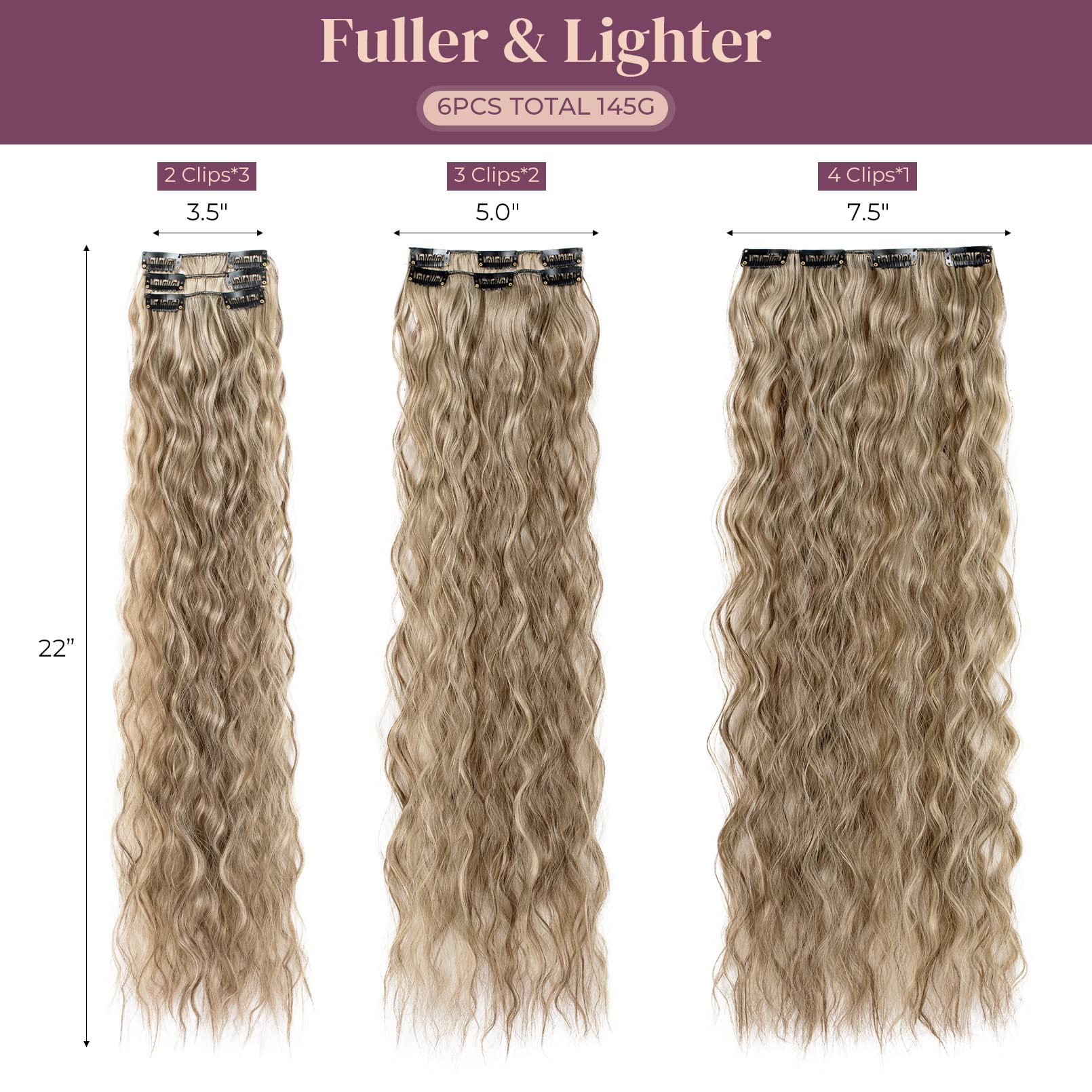 Lonai Clip In Hair Extensions, 6Pcs Curly 24'' Long Synthetic Clip On Hairpiece For Women Cool Brown With Blonde Highlights