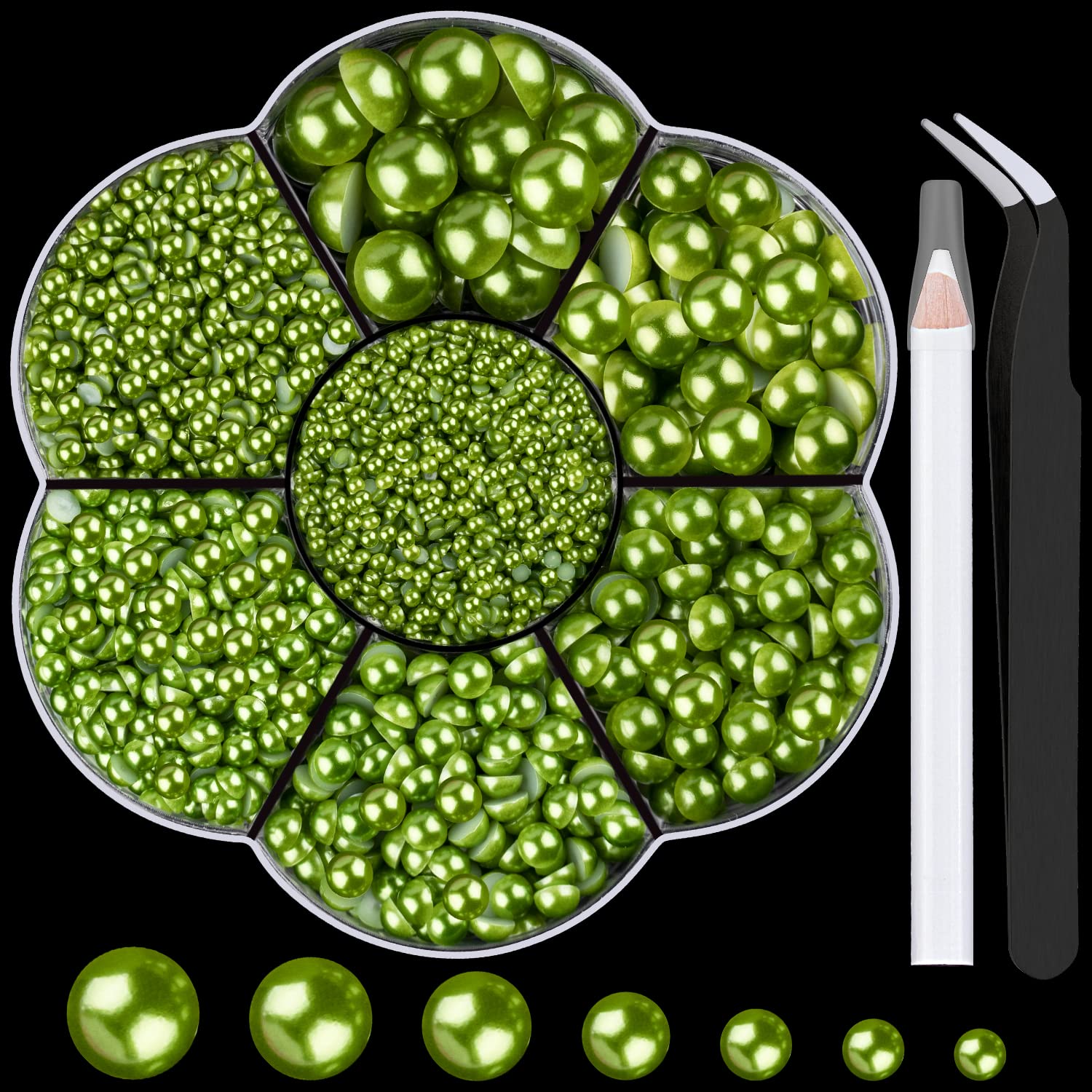 Nail Art Flat Back Half Round Pearl Kits 27, 1 Box of 6000 Pcs Flat-Back Green with Tweezer and Picker Pencil for Home DIY Nails