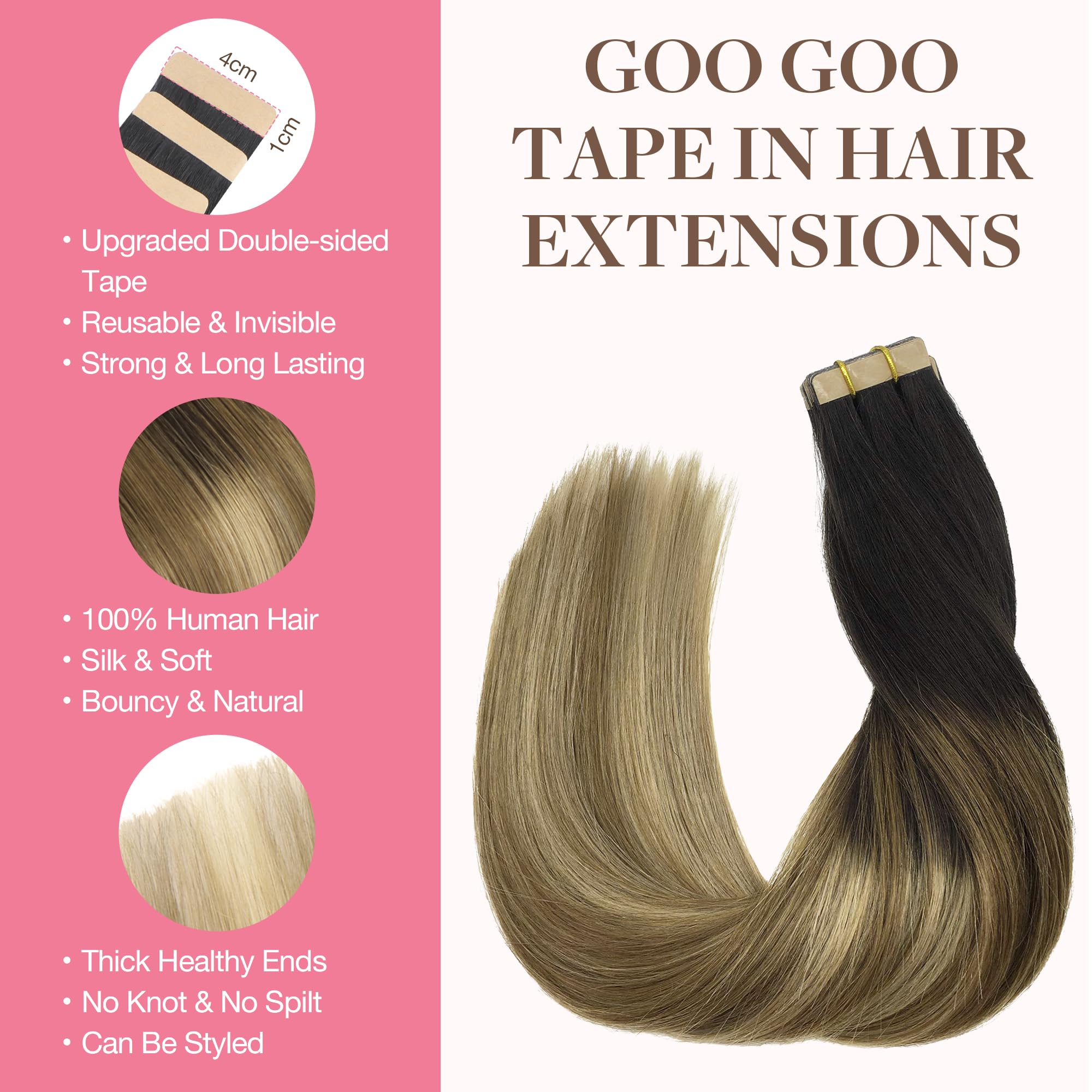 Goo Goo Tape In Hair Extensions Human Hair, 2/6/18 Balayage Brown To Dirty Blonde, 10Inch 60G 40Pcs, Thick Ends Straight Seamles