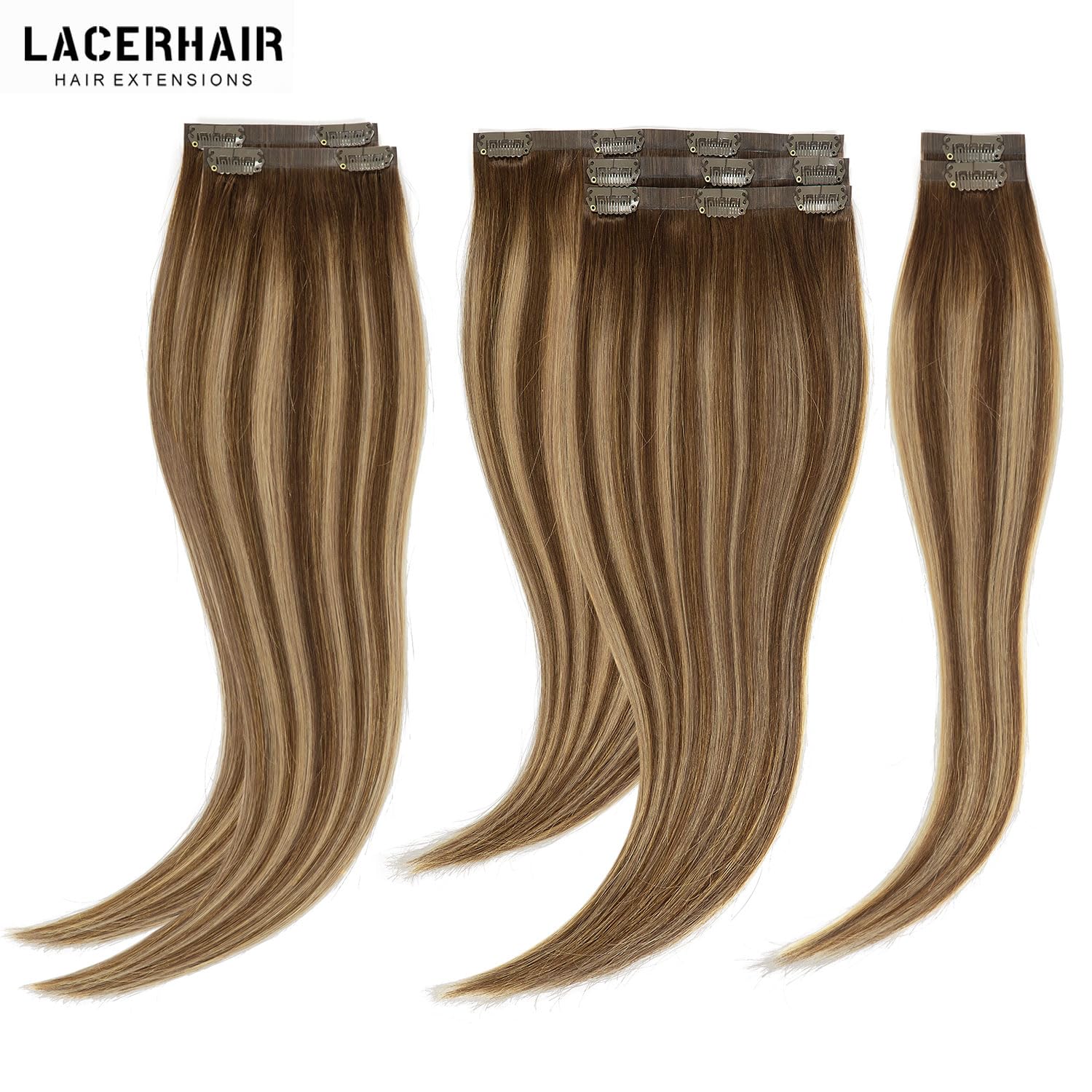 Lacer Hair Hair Extensions Clip In Human Hair 16 Inch Ombre Chocolate Brown Fading To Caramel Blonde And Chocolate Brown 7Pcs 11