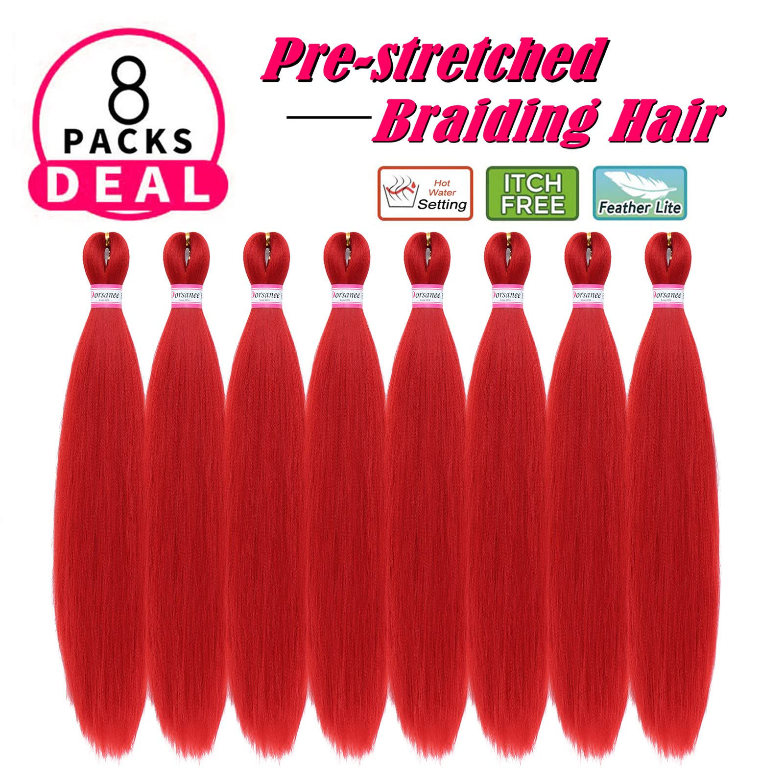 Red Braiding Hair Pre Stretched 20 Inch 8 Packs Braiding Hair Extensions For Crochet Box Braids Twists Locs Hair Soft Yaki Textu