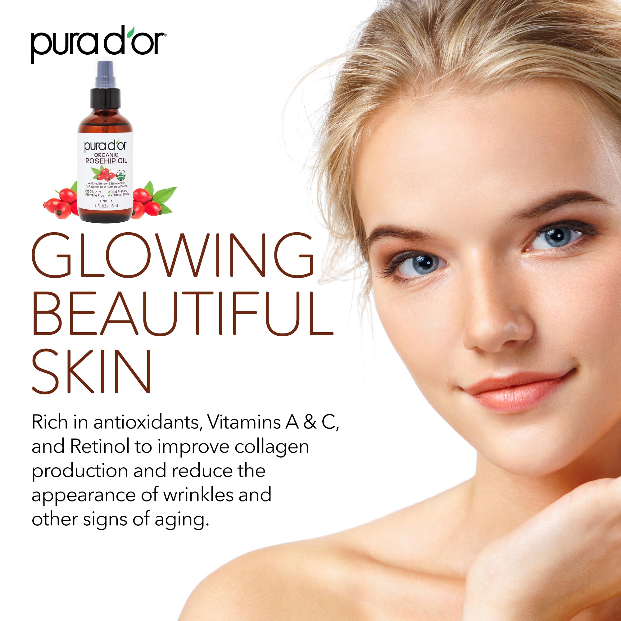 Pura D'Or 4 Oz Organic Rosehip Seed Oil 100% Pure Cold Pressed Usda Certified All Natural Moisturizer For Anti-Aging, Acne Scar