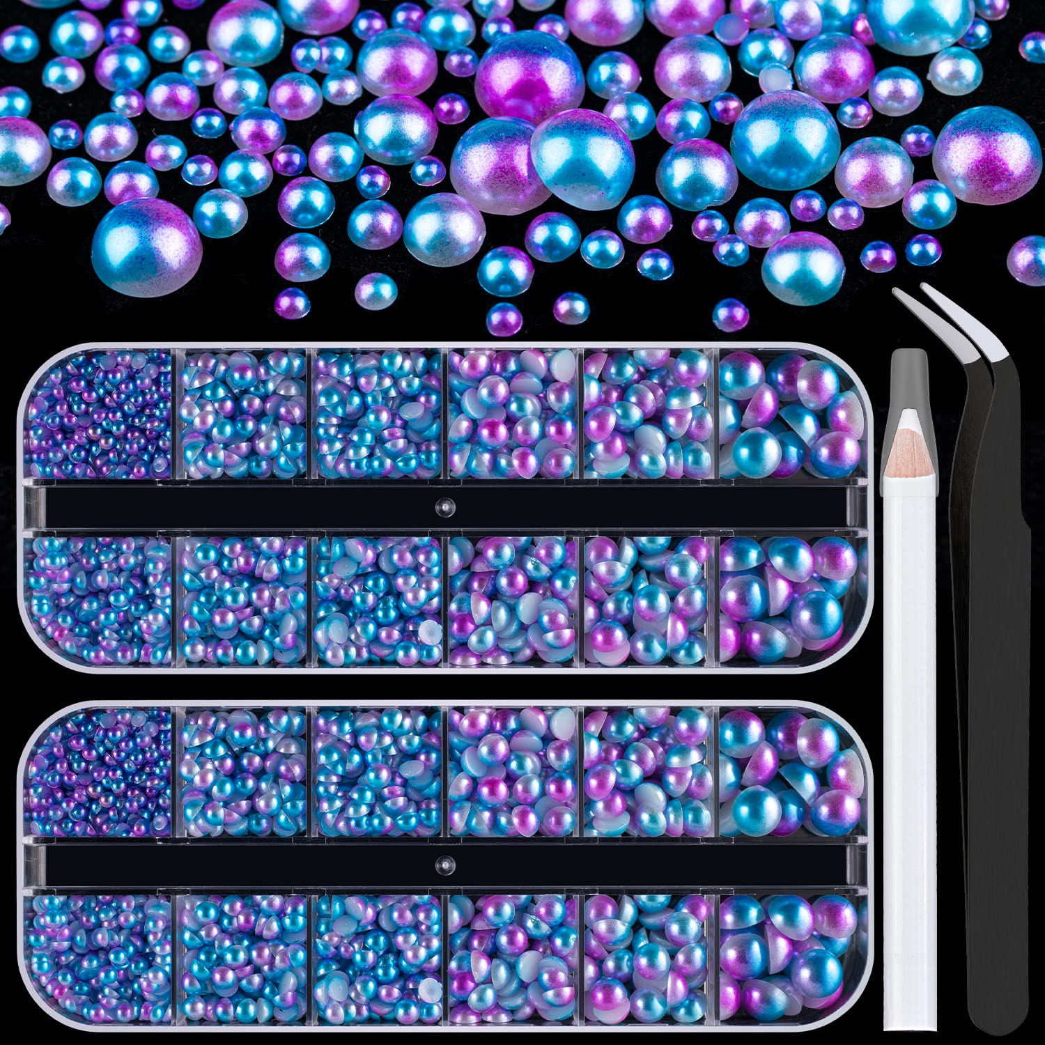 Belleboost Flat Back Pearls Kits 2 Boxes of Flatback Blue Mermaid Half Round Pearls with Pickup Pencil and Tweezer for Home DIY 