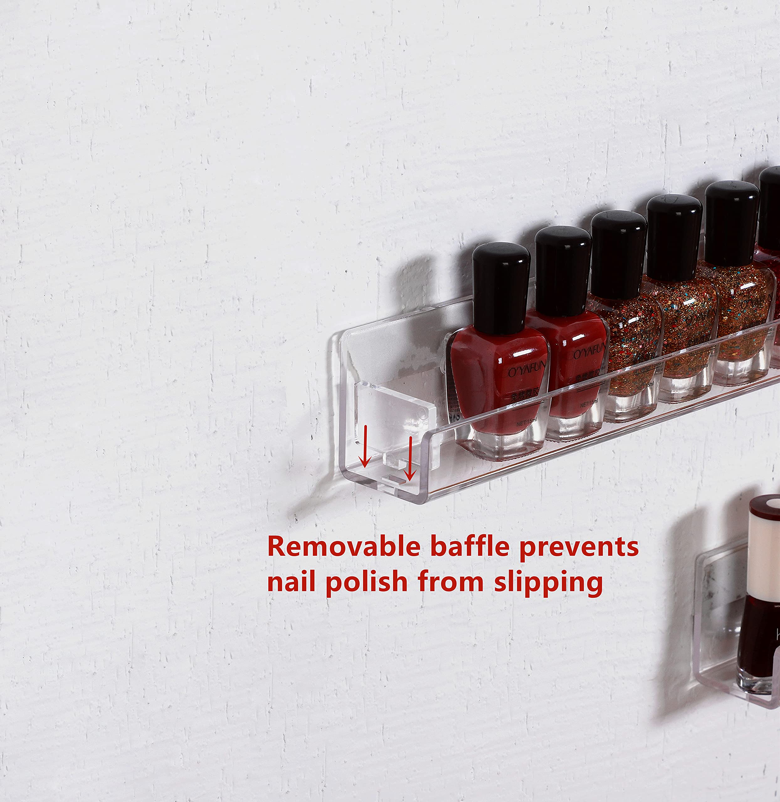 LikeU Nail Polish Rack Wall Mounted Shelf 4 Pack,Clear Acrylic Nail Polish Holder Organizer with Removable Anti-slip End Inserts