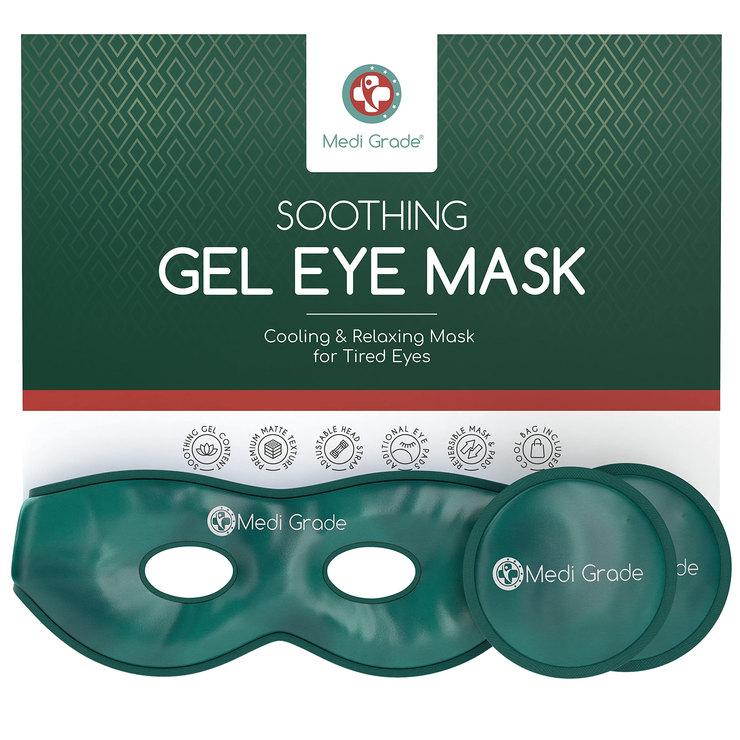 Medi Grade Cooling Eye Mask - Reusable Gel Eye Mask with 2 x Cooling Eye Pads and Cooling Storage Bag - Reversible Eye Mask with