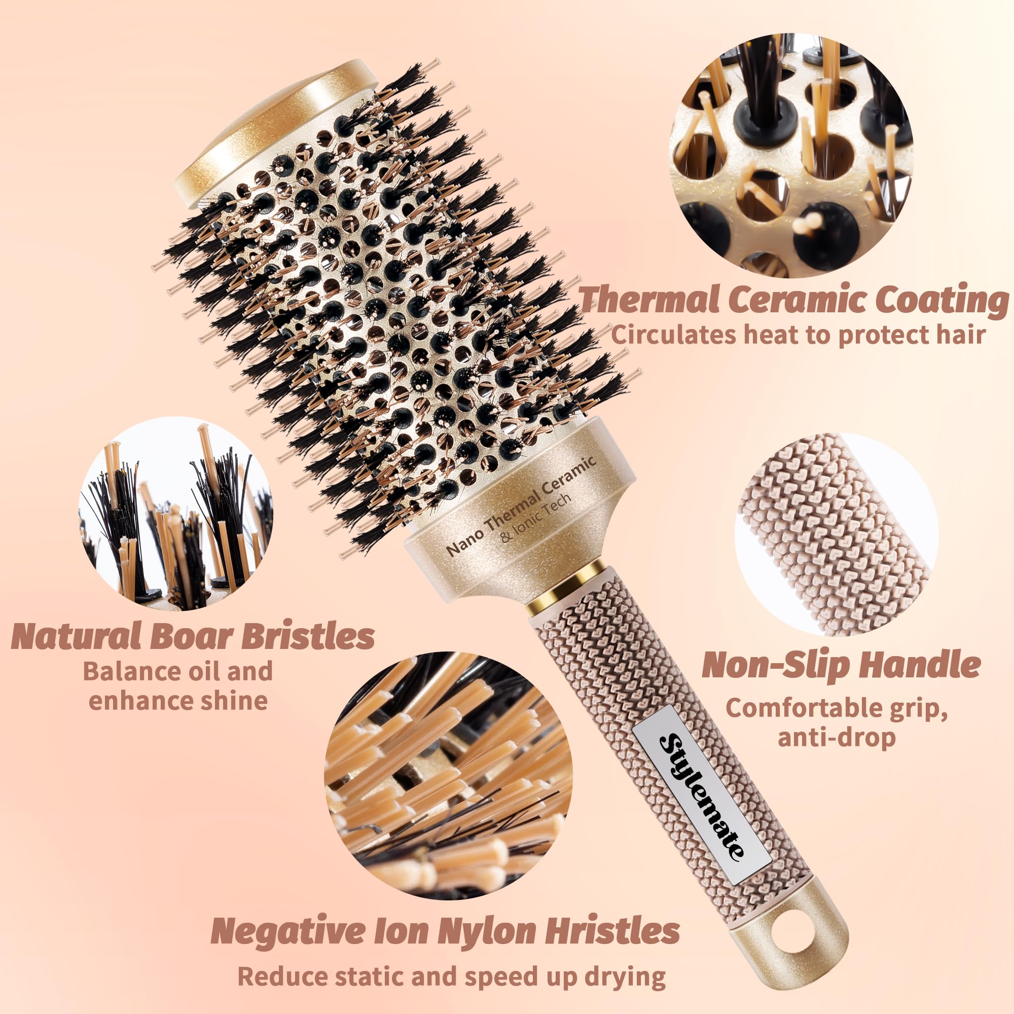 Round Brush for Blow Out, Nano Thermal Ceramic & Ionic Tech Round Barrel Roller Hair Brush with Boar Bristles for Blow Drying an