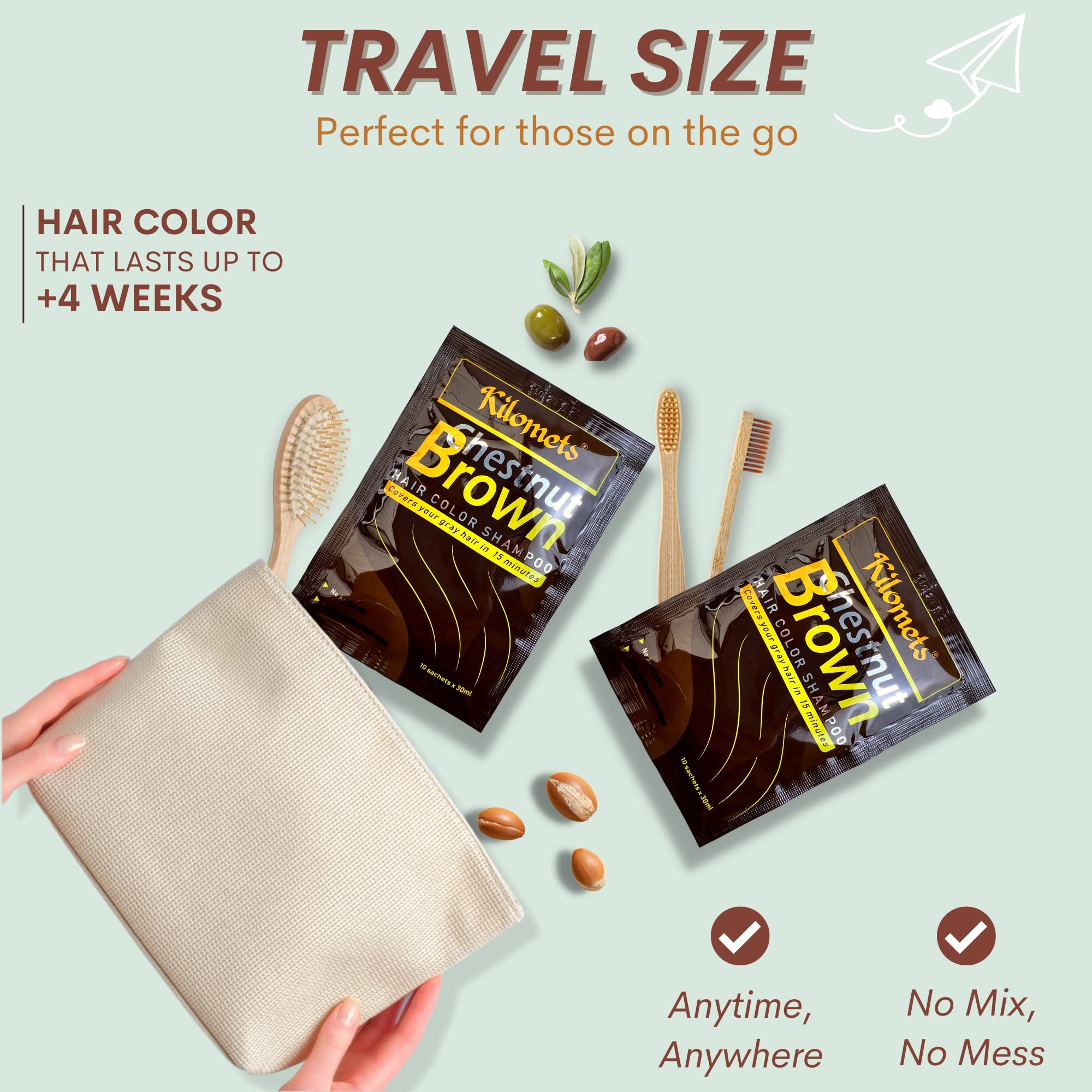 Kilomets Chestnut Brown Hair Dye Shampoo 3 In 1 - Pack 10 Travel & Trial - Hair Color Shampoo Grey Coverage In Minutes Ammonia F