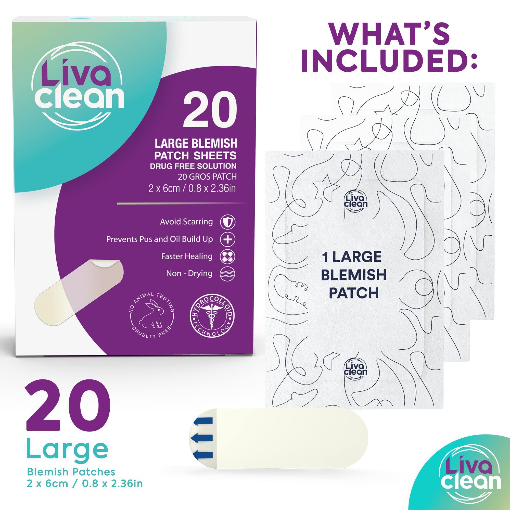 20 Ct Livaclean Large Hydrocolloid Patches - For Pore Spots Nose Face Cystic Pimple Zit Patch - Big Pimple Patches Hydrocolloid