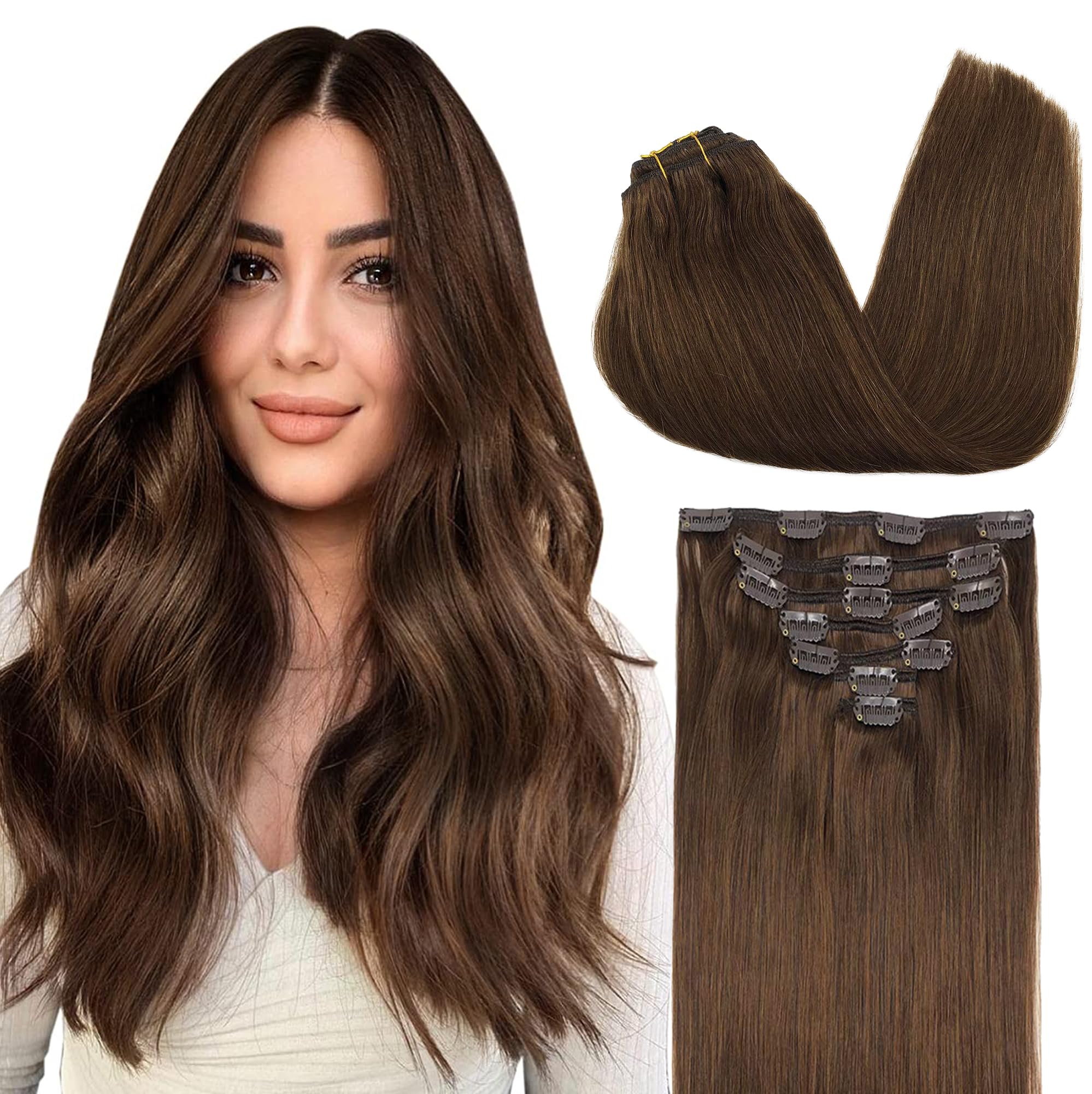 GOO GOO Clip in Hair Extensions Real Human Hair, 12inch 85g 7Pcs, 4A Chocolate Brown, Remy Human Hair Extensions Clip ins for Wo