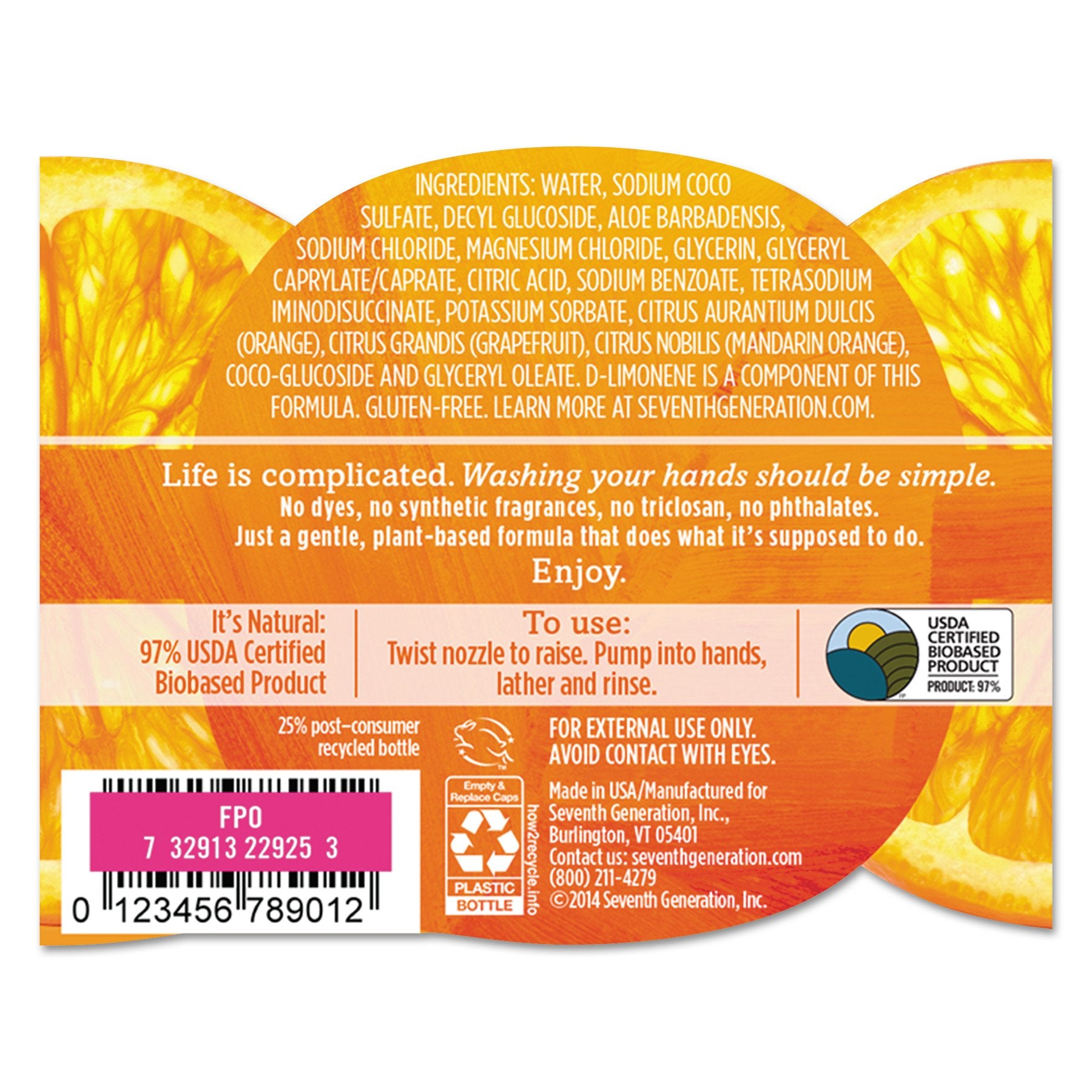 Seventh Generation Hand Wash, Mandarin Orange & Grapefruit Scent, 12Oz