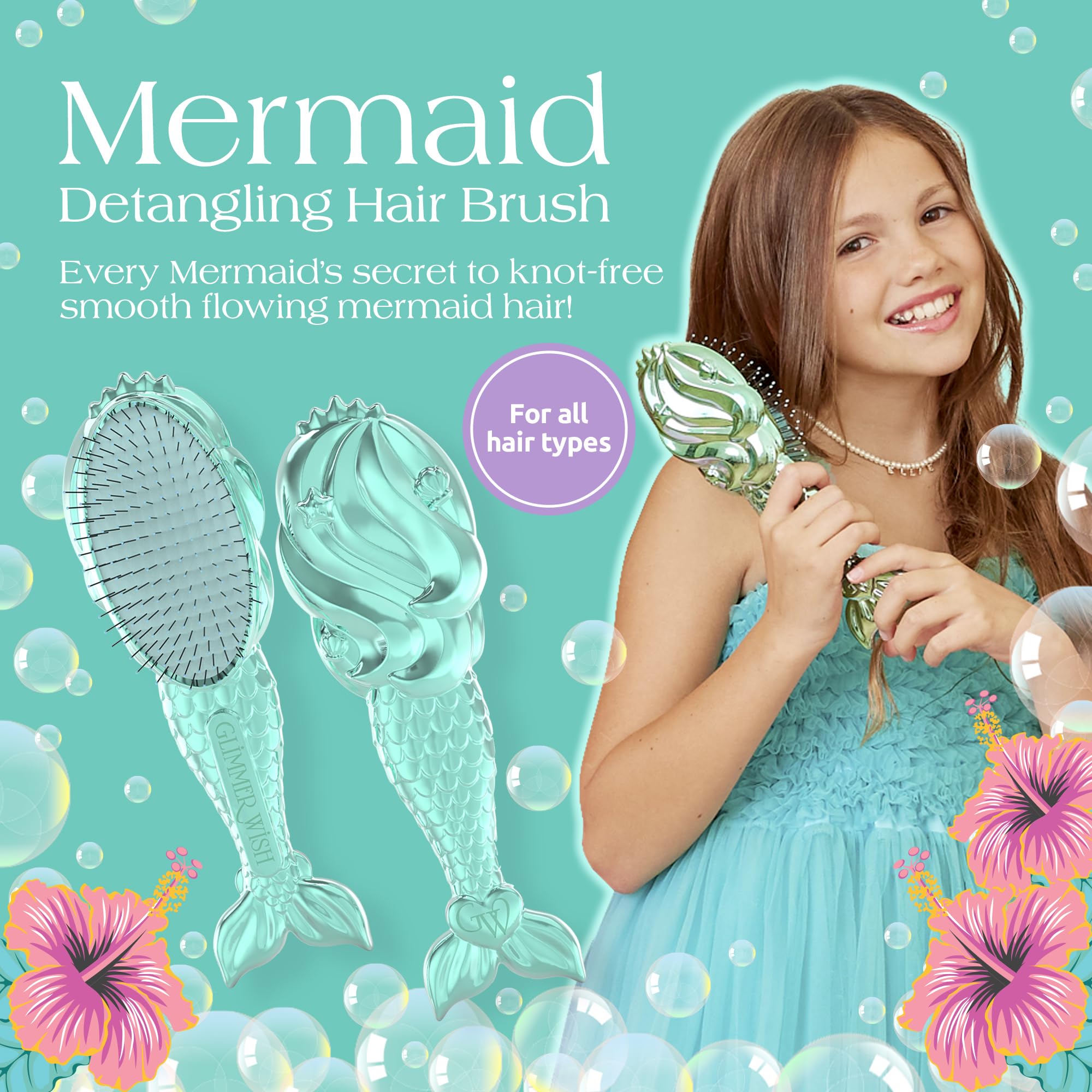 Glimmer Wish Mermaid Detangling Hair Brush For Kids - Anti Frizz And Anti Static - Soft And Long Bristles To Detangle With Ease