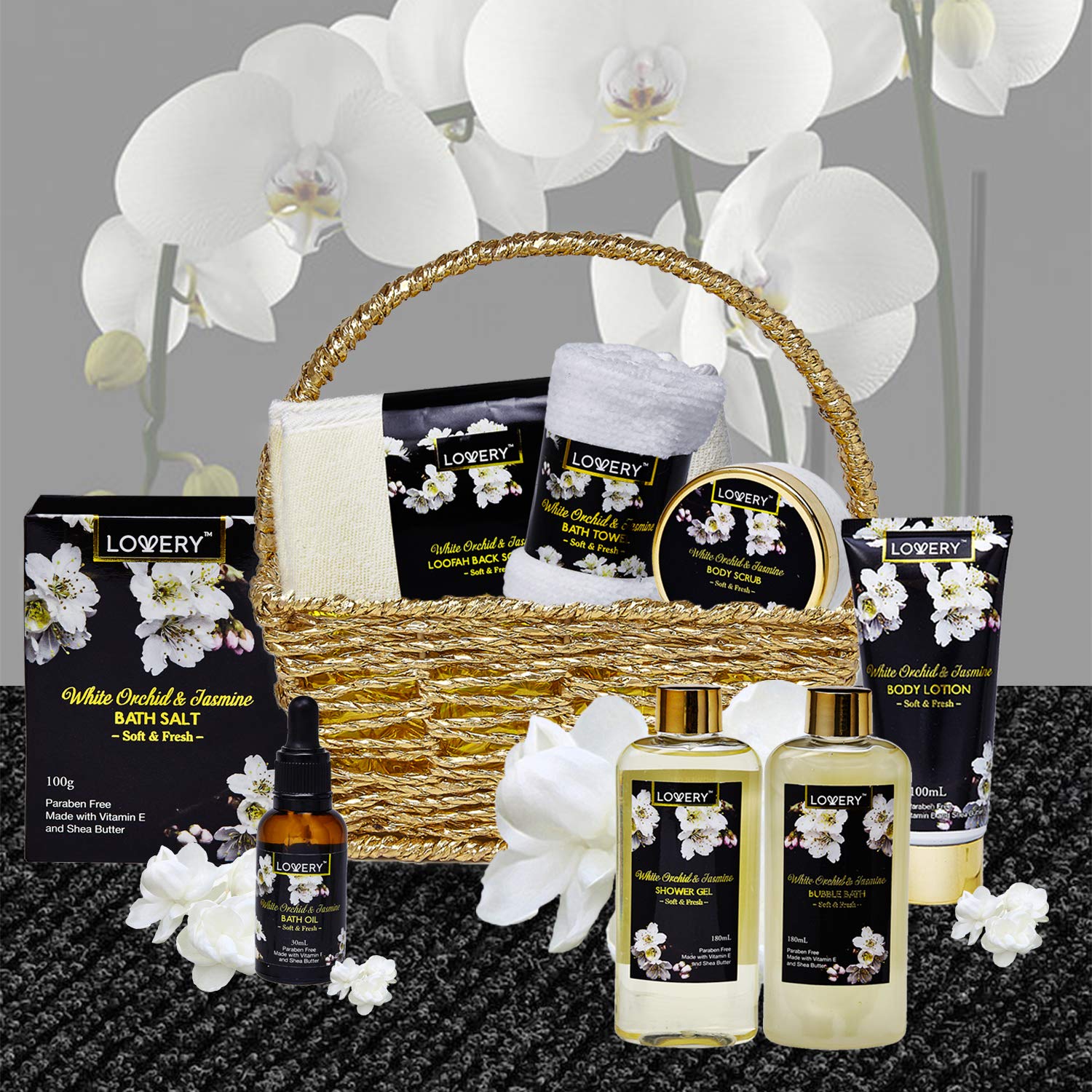 Birthday Gifts For Mom, Bath And Body Gift Basket For Women And Men - Orchid & Jasmine Home Spa Set With Body Scrubs, Lotions, O