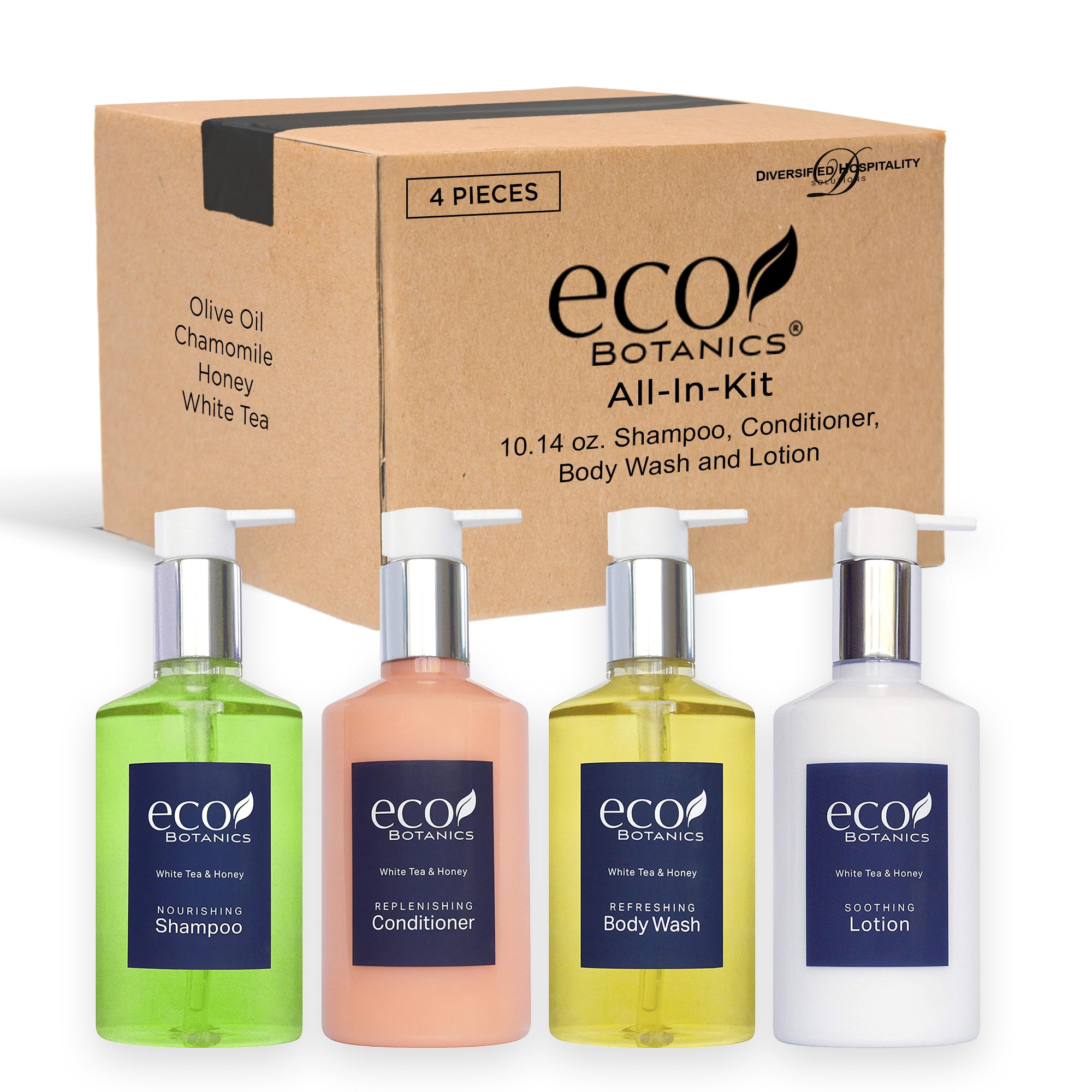 Eco Botanics Amenities Set,10.14 Oz. Pumps (1 Of Each) Shampoo, Conditioner, Hand/Body Wash, And Lotion (Set Of 4)