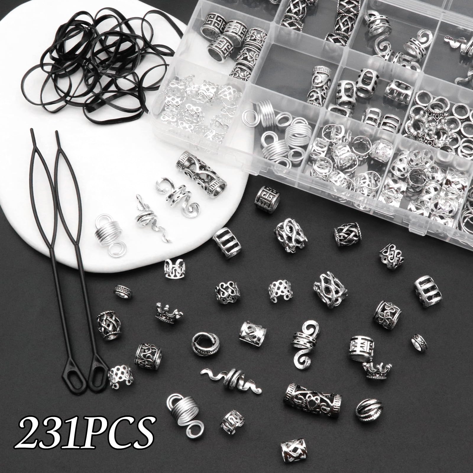 Naiska Vikings Hair Jewelry For Braids 231Pcs Norse Runes Tube Beads Cross Snake Loc Dreadlock Accessories Non-Piercing Ear Cuff