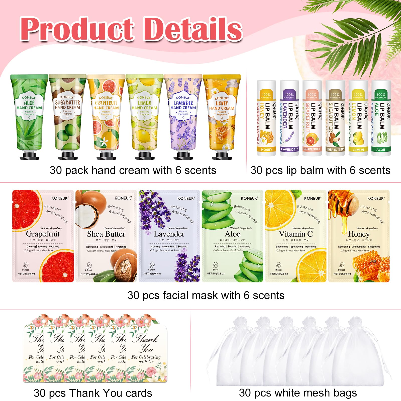 Koneuk 30 Pack Bulk Facial Mask, Bulk Hand Cream And Bulk Lip Balm Sets, Valentines Day Gifts For Her, Bridal Shower Favors And