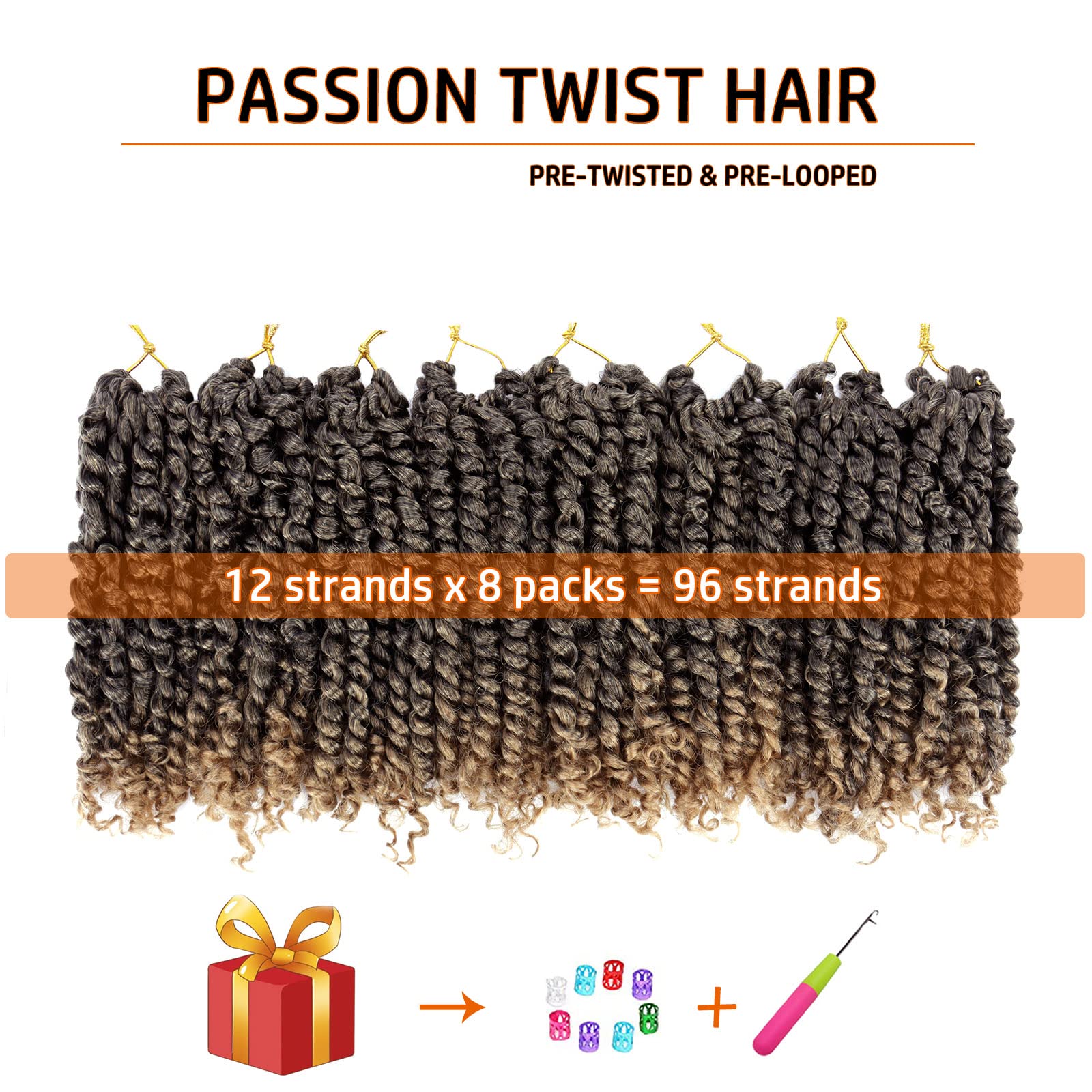 Dorsanee Passion Twist Crochet Hair 10 Inch, Pre-looped Synthetic Braids, 8 Packs, Bohemian Style, Color 1B/27