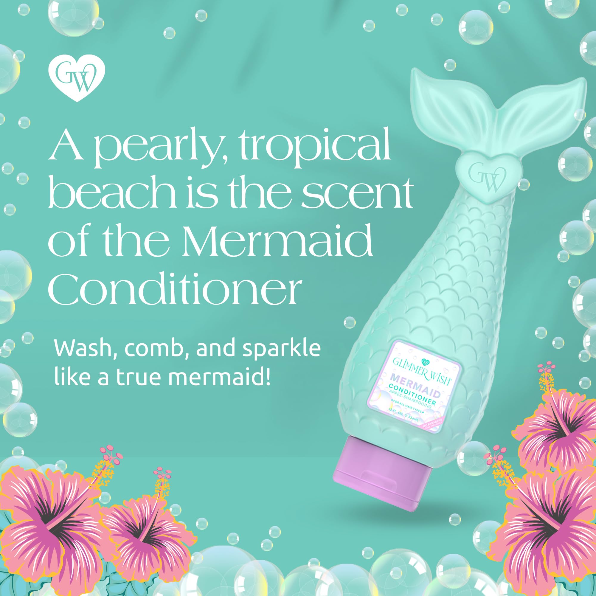 Glimmer Wish Mermaid Kids Conditioner, Paraben and Sulfate Free Conditioner for Strong and Smooth Hair, Kids Hair Care, Tropical