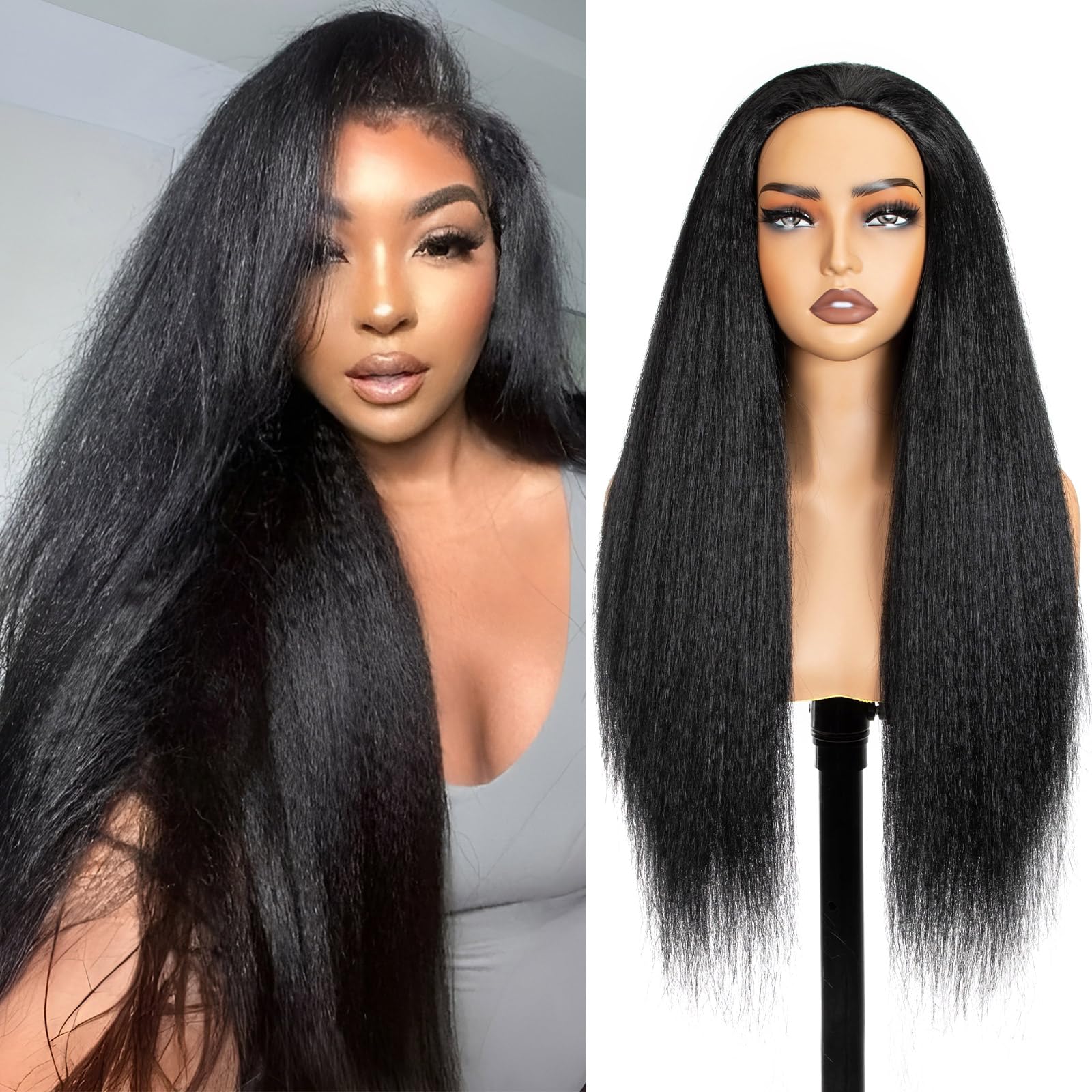 COOKOO 3 In 1 Synthetic Yaki Straight Half Wig,Natural Black,18 Inch