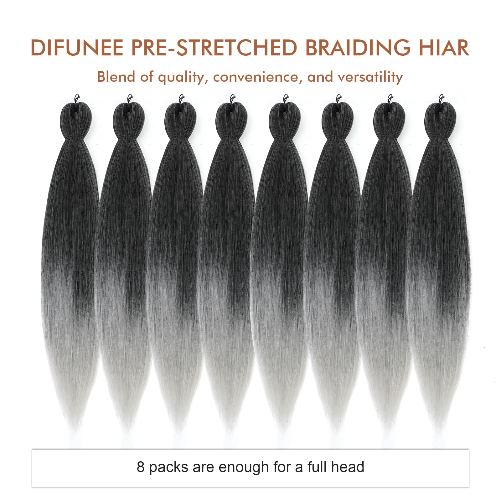 Difunee Pre-Stretched Braiding Hair - 30 Inch 8 Packs Ombre Gray Super Long Braiding Hair For Twist Or Box Braids, Yaki Texture