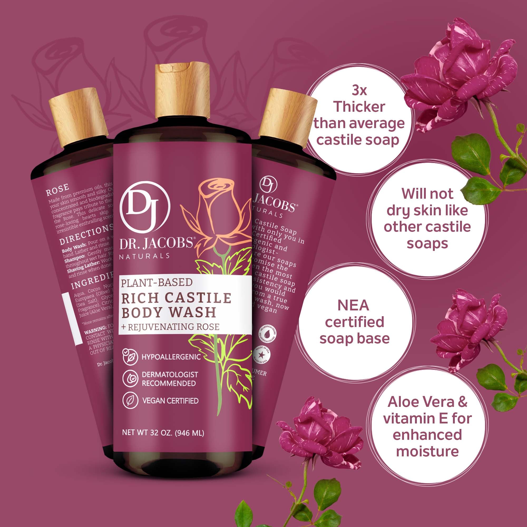 Dr Jacobs Naturals Pure Castile Liquid Soap Gel - Calming (Rose, 32 Oz 3-Pack) Made With Premium Organic Oils - Vegan, No Palm O