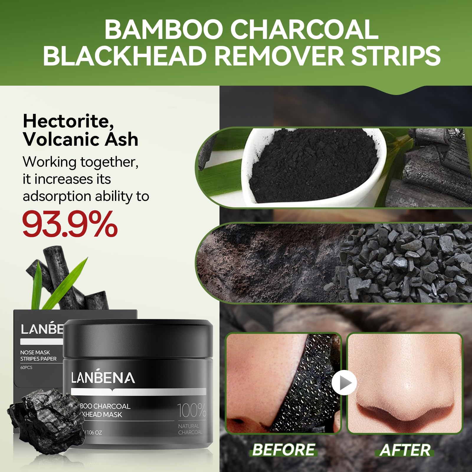 Lanbena Upgraded 2.0 Bamboo Charcoal Blackhead Remover Mask - 60 Nose Strips, Peel Off & Purify Pores, Deep Cleanse For All Skin