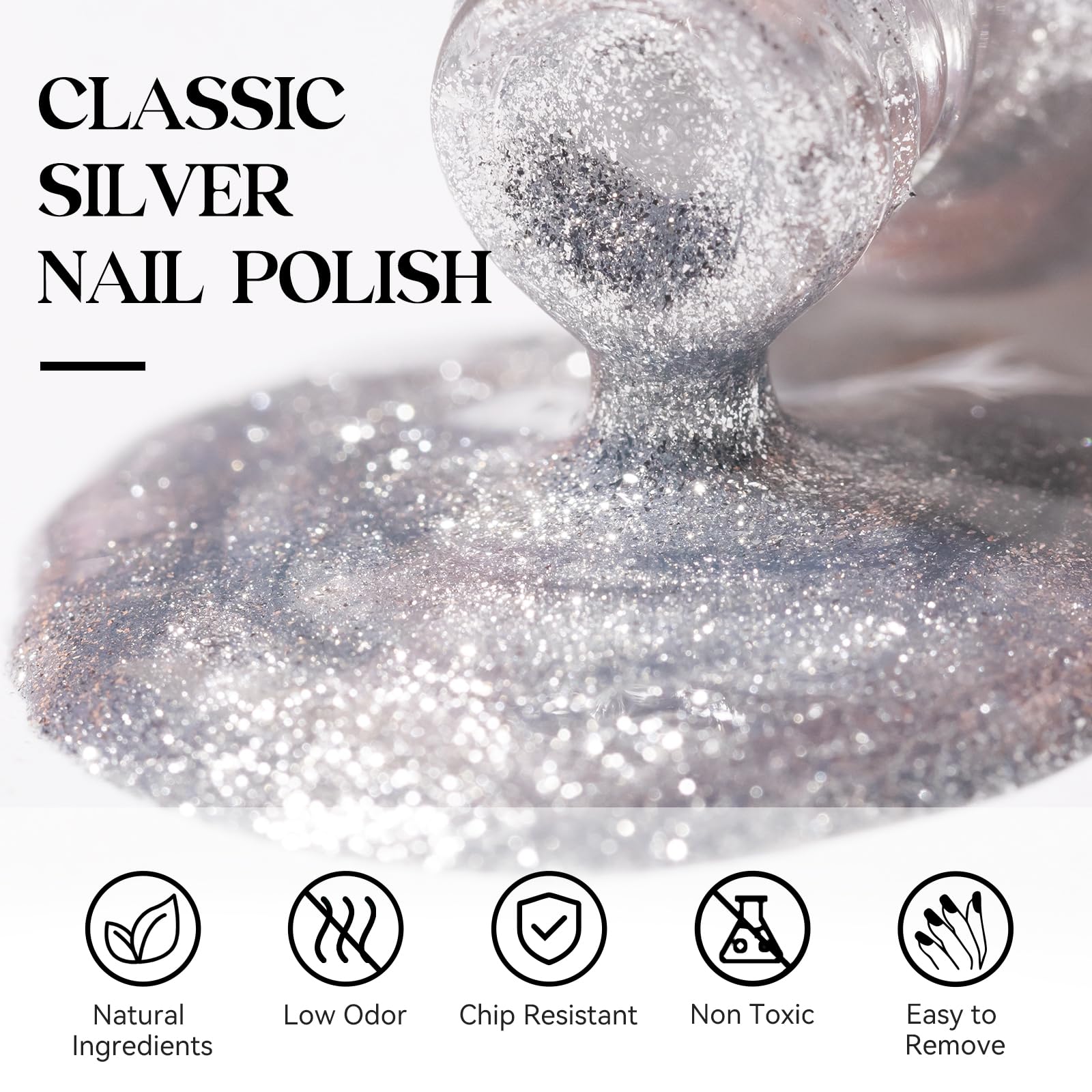 Mizhse Glitter Nail Polish, Metallic Silver Nail Polish Air Dry Fast, 15Ml High Glossy Sparkle Shiny Nail Pigment Water-Based Ch