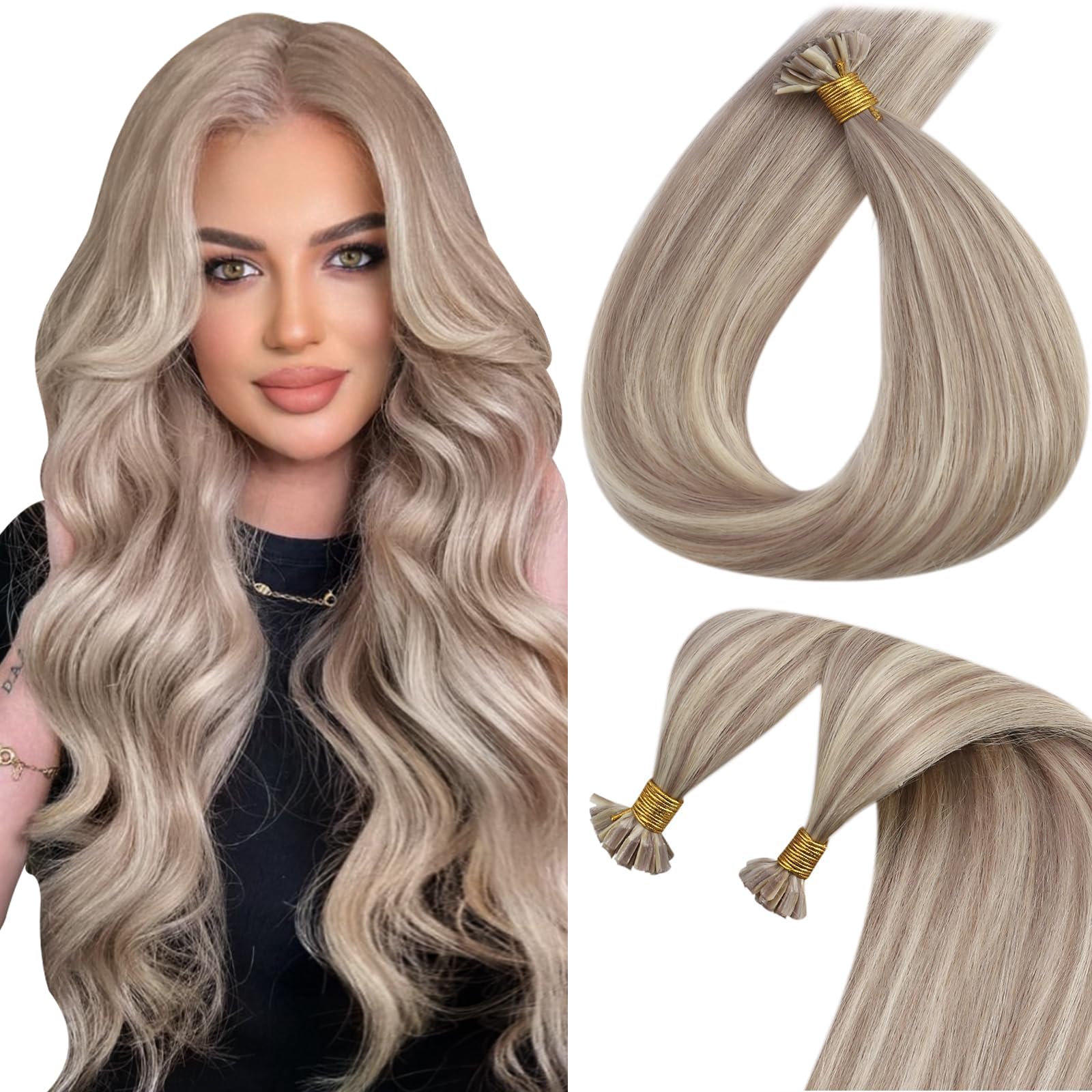 Sunny U Tip Hair Extensions Human Hair Ash Blonde Keratin Hair Extensions Highlights Ash Blonde with Bleach Blonde U Tips Human 