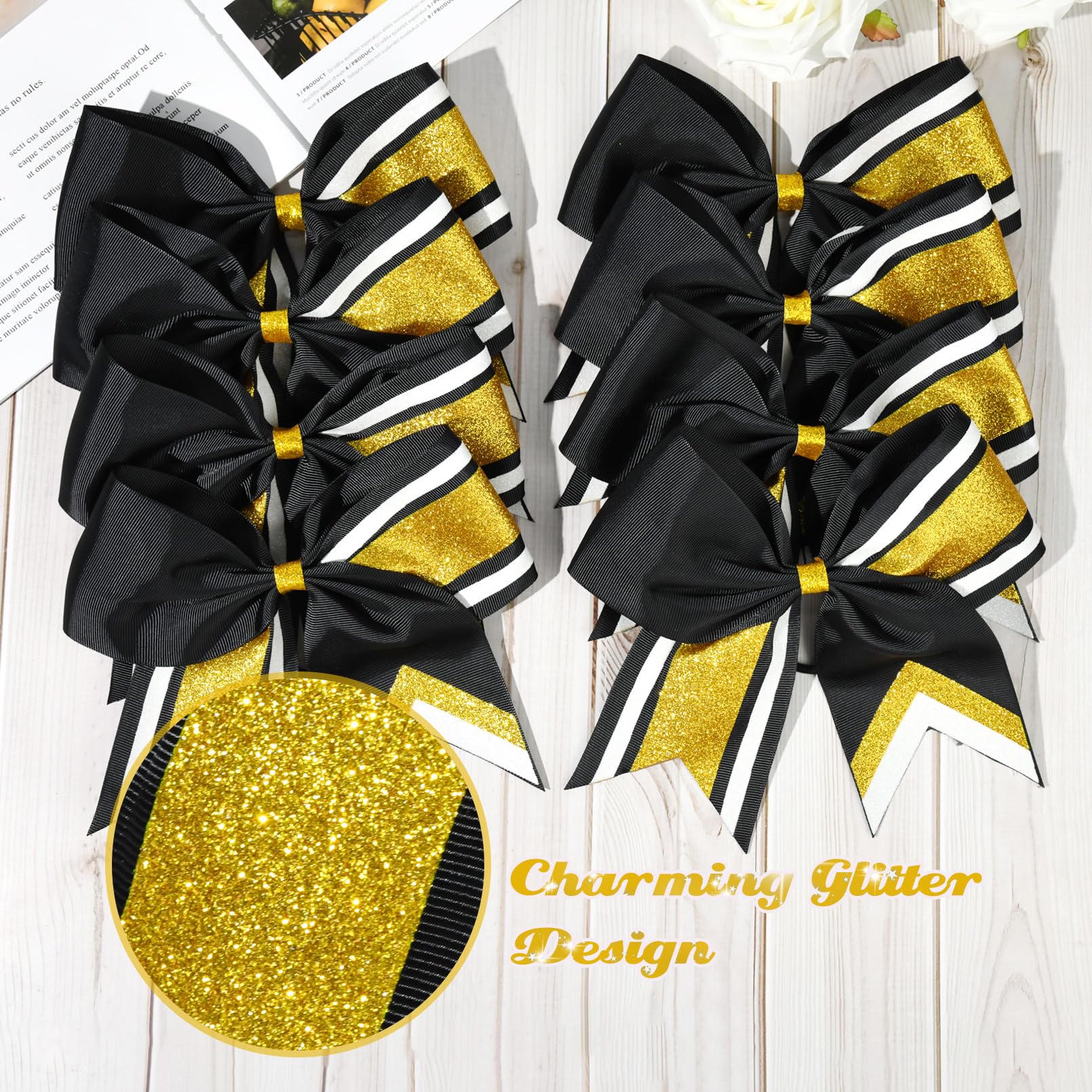 8 Pcs Large Cheer Hair Bows 8'' Glitter Hair Bows Gold Black Sparkly Cheerleading Softball Team Bow Hair Accessories For Cheerle