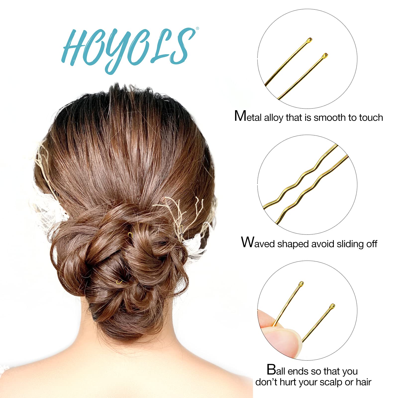 Hoyols U Shaped Hair Pins Blonde, U Shape Bobby Pins Metal Curved Curly Waved Bun Clips Hairpin for Buns Women Girls Grips Hairs
