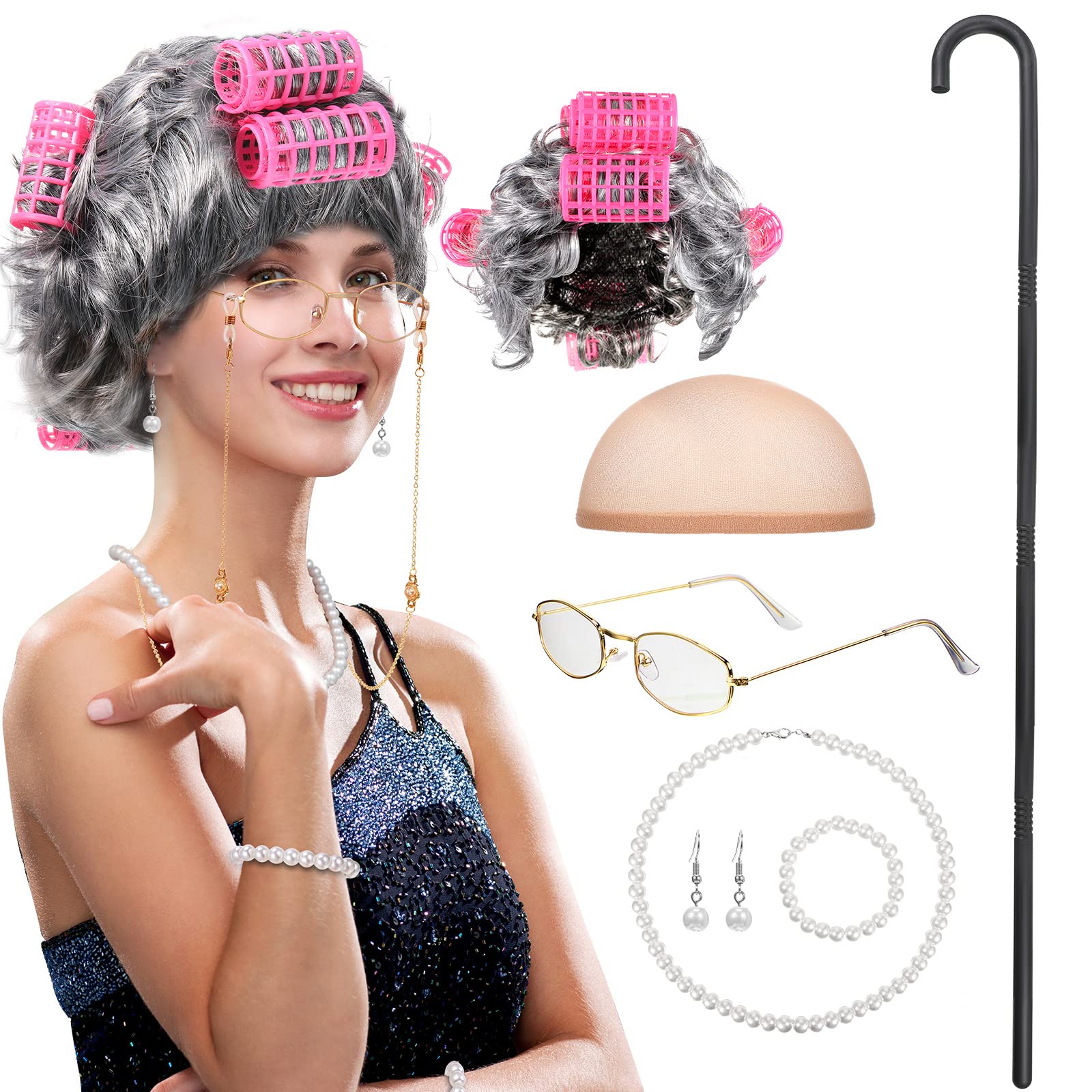 BBTO Old Lady Cosplay Set Grandma Gray Wig for Women Walking Cane Glasses Chain Cords Faux Pearl Bead Necklace(Gray Curly Wig wi