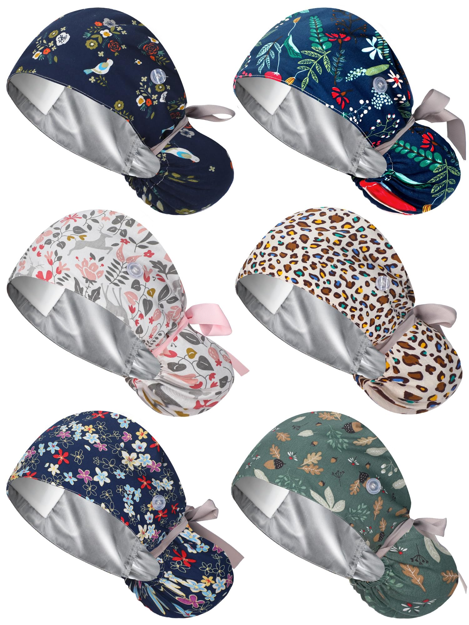 Floraltop 6 Pcs Satin Lined Scrub Caps Women Nurse Surgical Hat with Buttons Ponytail Working Adjustable Pouch Tie Back (African