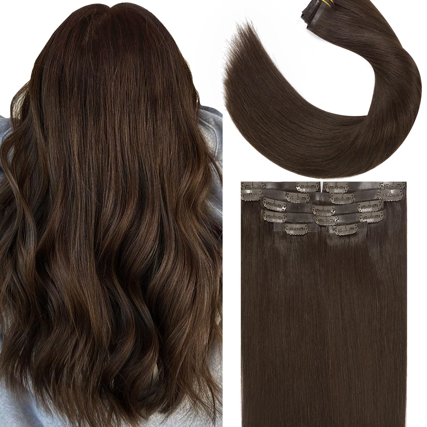 Lacer Hair Clip in Hair Extensions Real Human Hair Big Secure Clip in Hair Extensions Human Hair 18 Inch Seamless PU Weft 7pcs 1