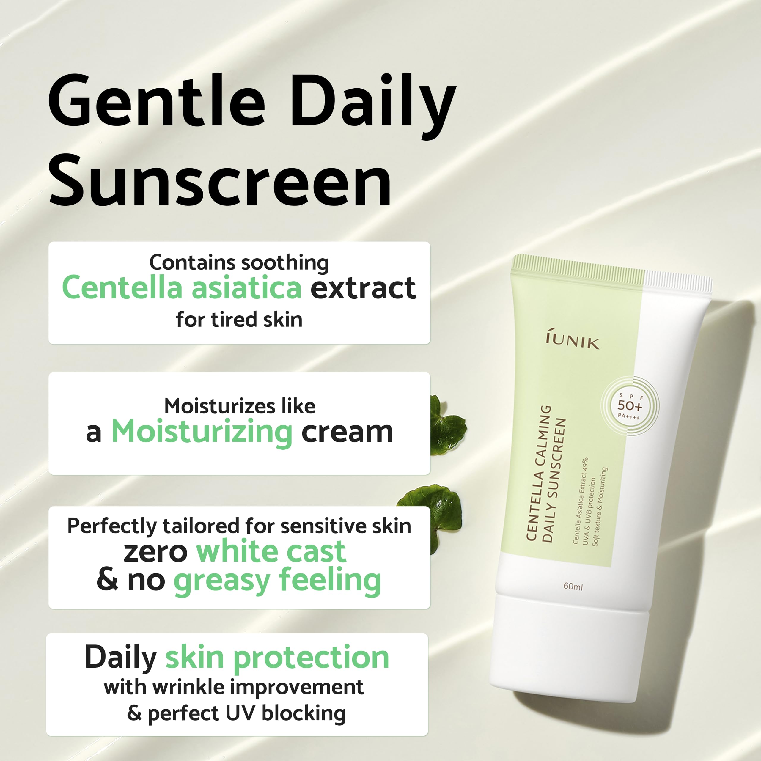 Iunik Centella Calming Moisture Daily Sunscreen Spf 50+ Pa++++ Matte & No White Cast Centella Asiatica Dry Oily Sensitive Vegan