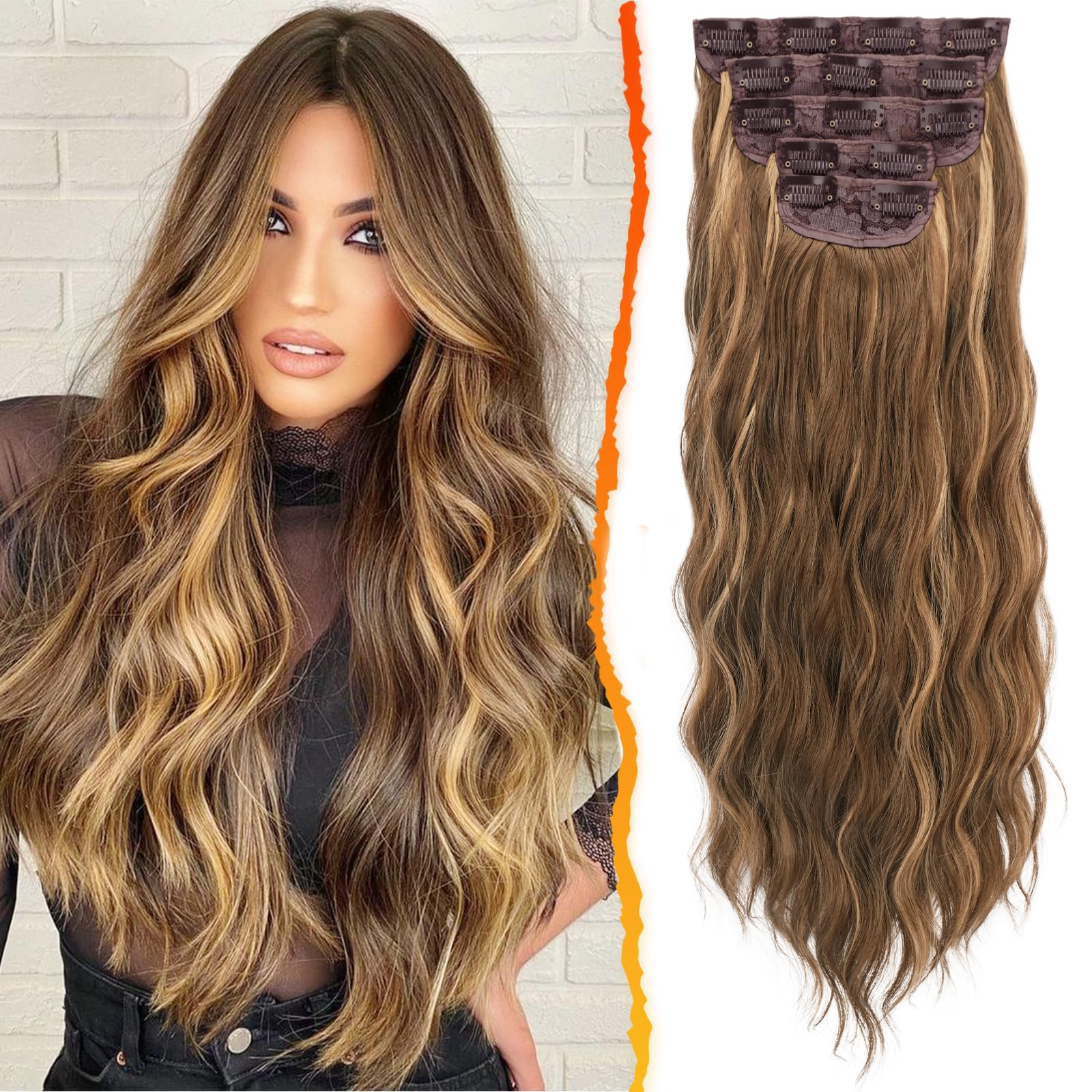 BARSDAR Wavy Clip in Hair Extensions - 20 Inch Highlight Clip in Hair Extensions for Women - 5PCs Thick Soft Synthetic Clip in H