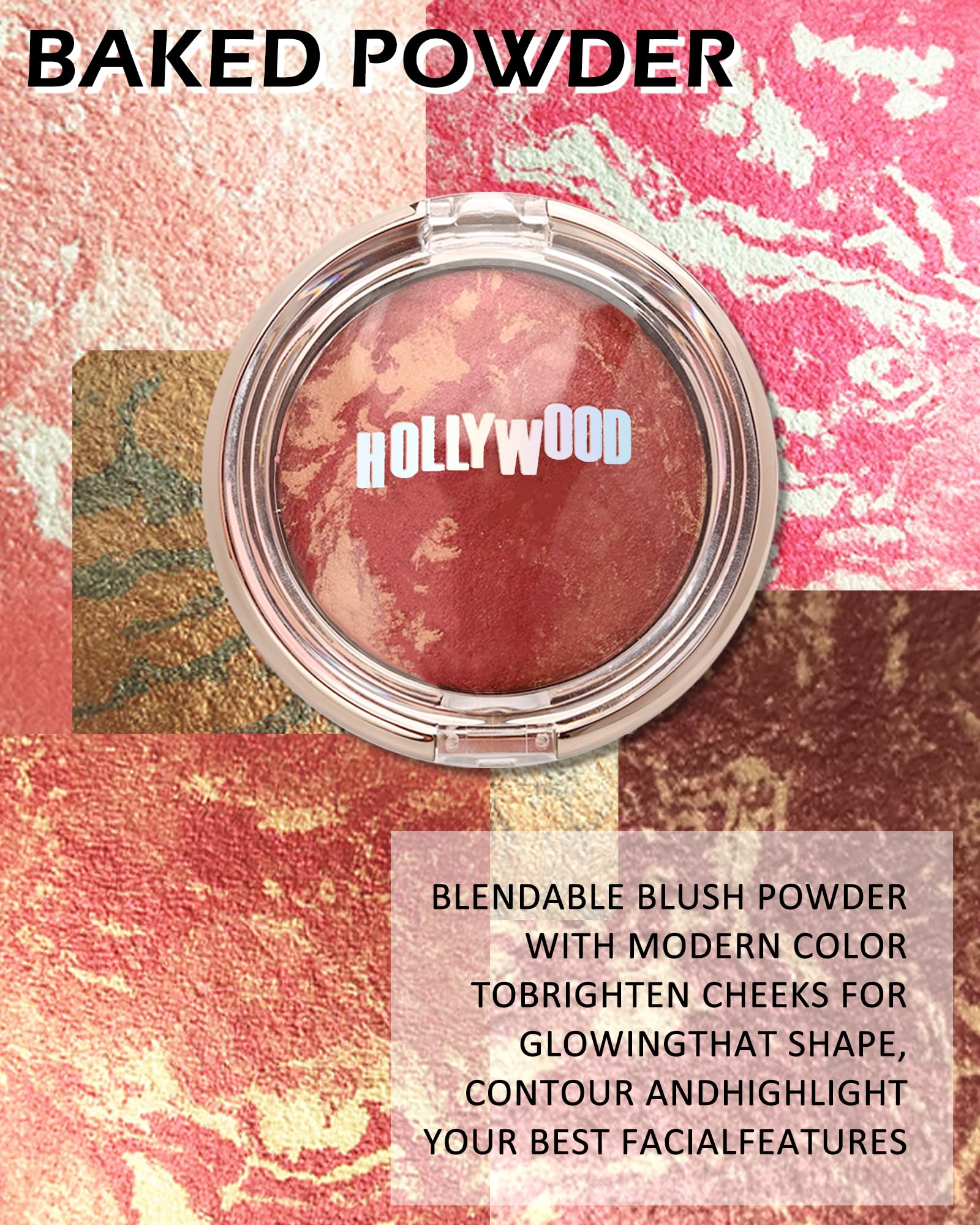 Baked Powder Blush-Brighten Glow Marbleized Blush Powder Palette,Lightweight Shimmery Cruelty-Free Face Blush For Cheeks,Eyeshad