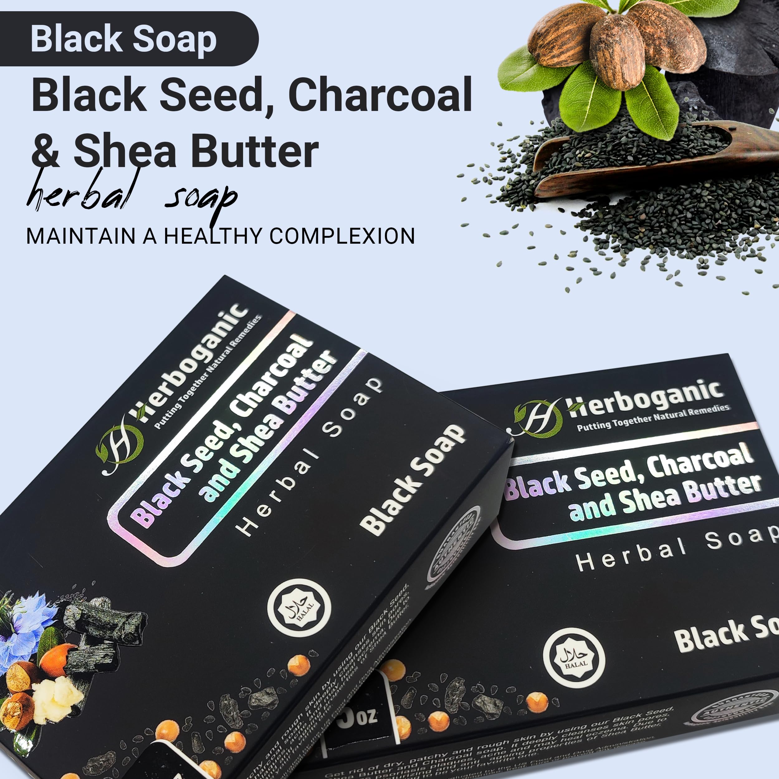 HERBOGANIC Black Seed, Charcoal and Shea Butter Herbal Soap | Pack of 3 of 5oz soap Bar | Natural Bar Soap for Face and Body | H