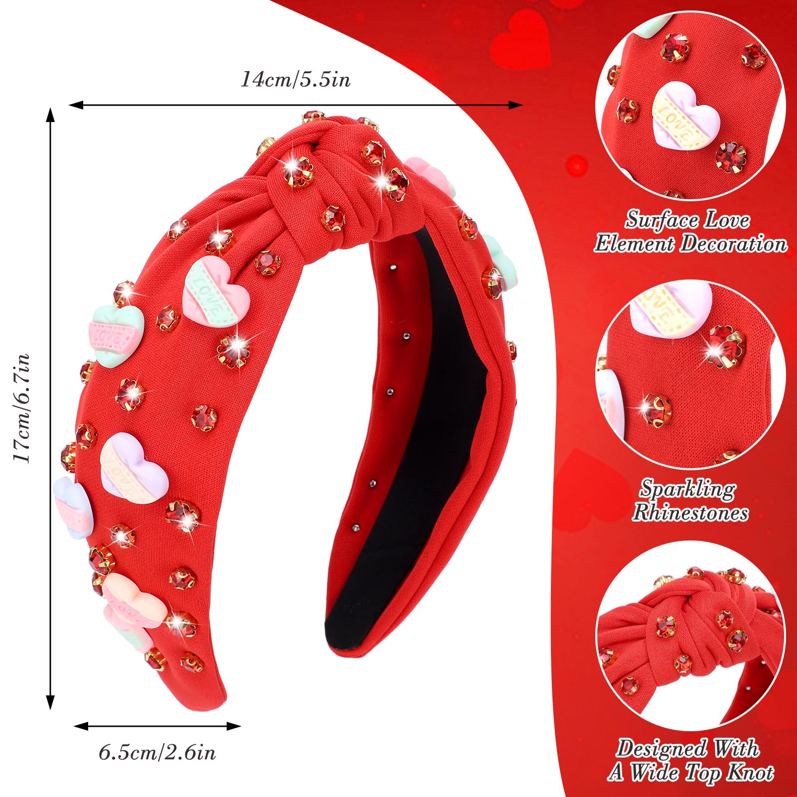 Obeoby Valentine'S Day Headband For Women, Red Heart Knotted Headband With Crystal Hearts Decorations Valentine'S Day Gifts Holi