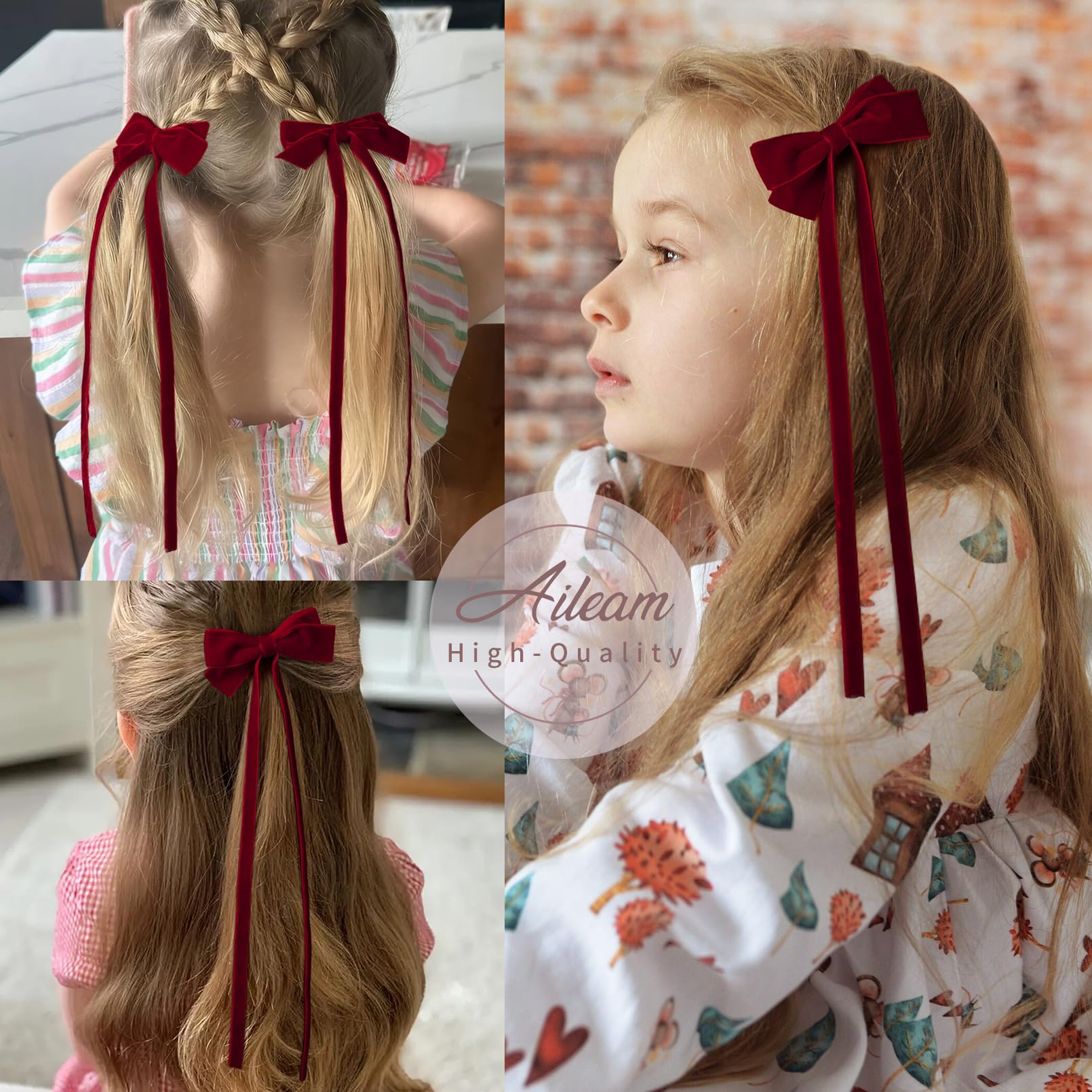 2Pcs Velvet Hair Bows Ribbon Hair Clip Red Ponytail Holder Accessories Slides Metal Clips Hair Bow For Women Girls Toddlers Teen