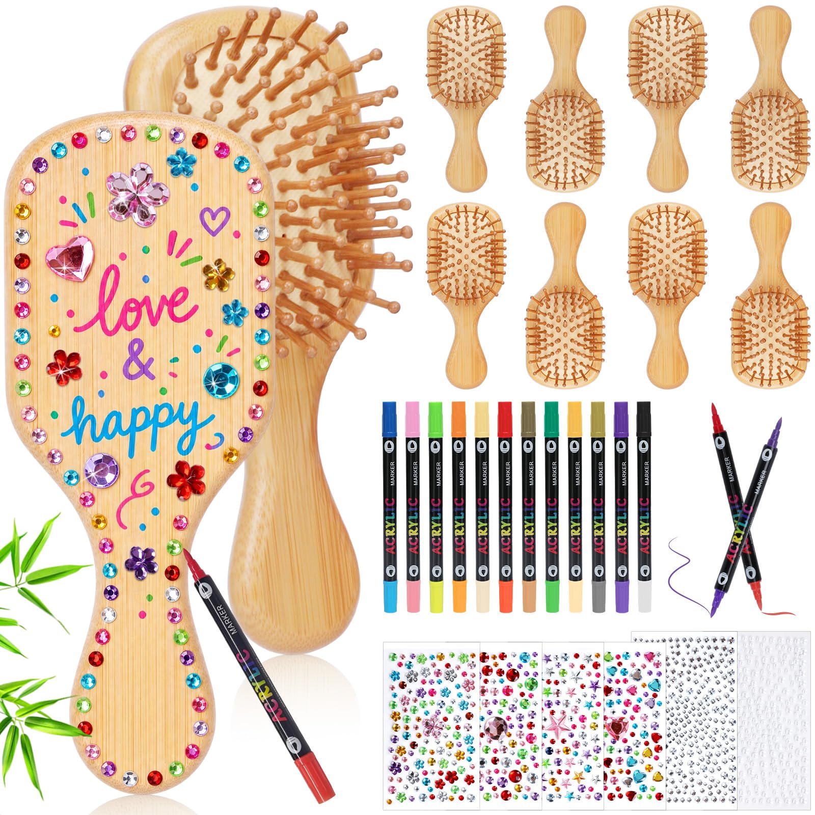 SAYAYA 8 Pieces Bamboo Hairbrush Painting Kits with 12 Multicolor Pens and Gem Stickers, Bamboo Hair Brush for Scalp Massage, DI