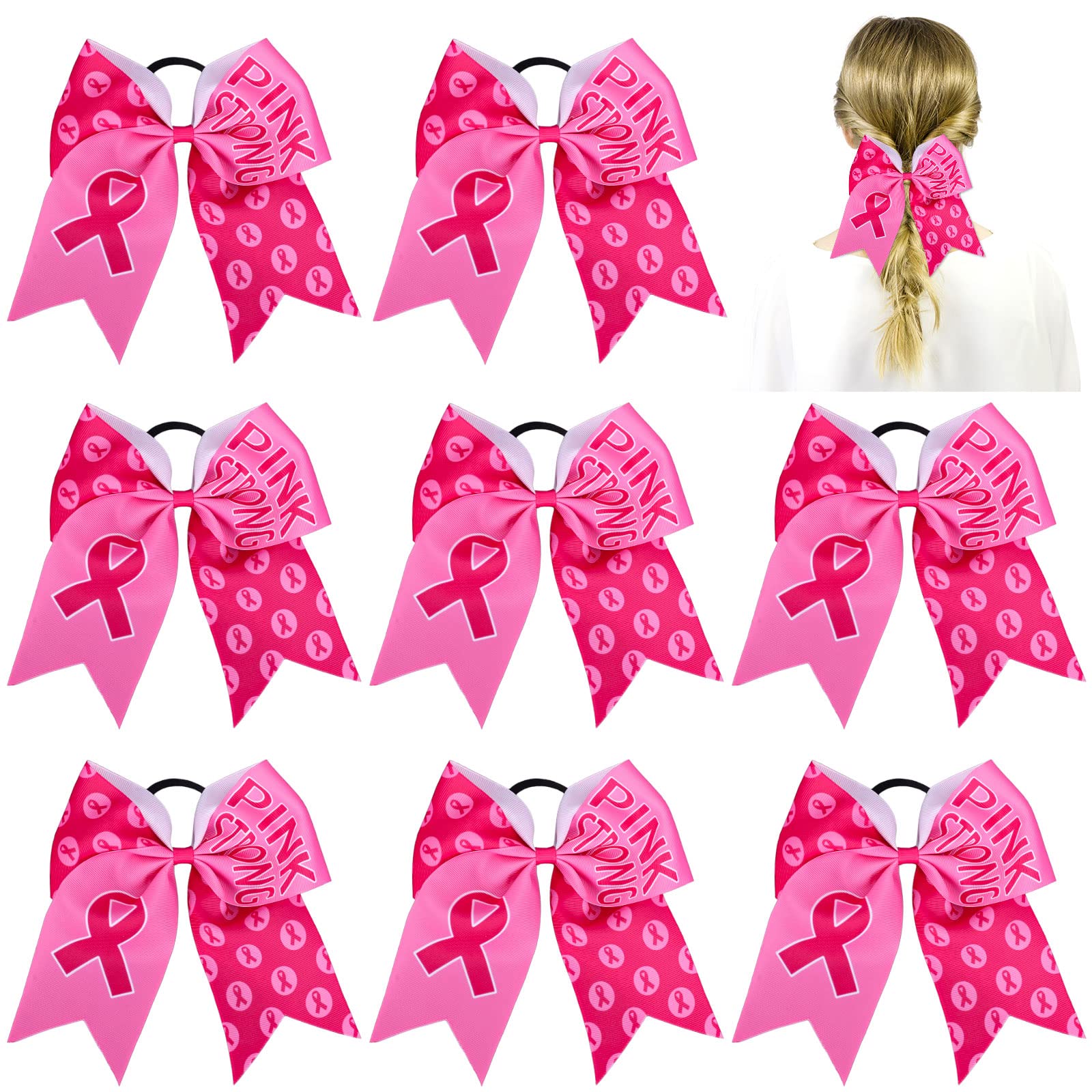 Whaline 8Pcs Large Cheerleading Hair Accessories with Pink Ribbon, Elastic Ponytail Holders - Breast Cancer Awareness Costume De