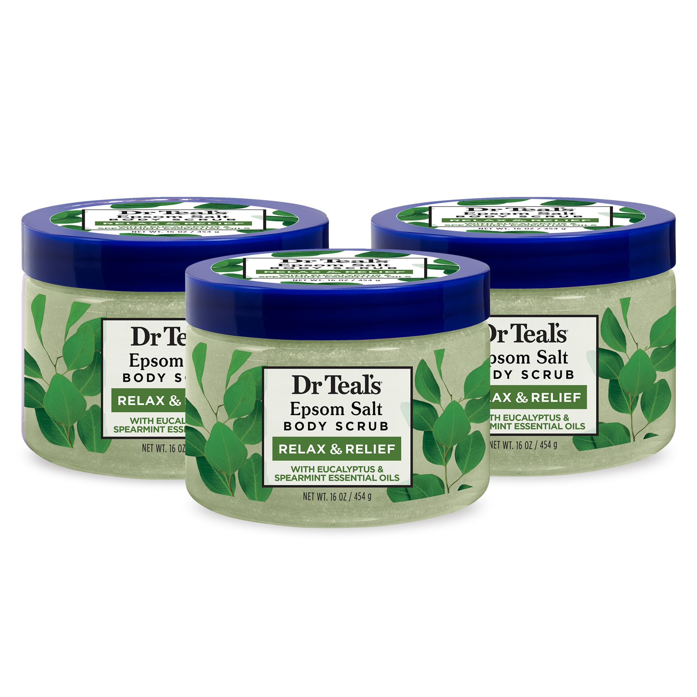 Dr Teal's Pure Epsom Salt Body Scrub, Relax & Relief with Eucalyptus & Spearmint Essential Oils, 16 oz (Pack of 3) (Packaging Ma